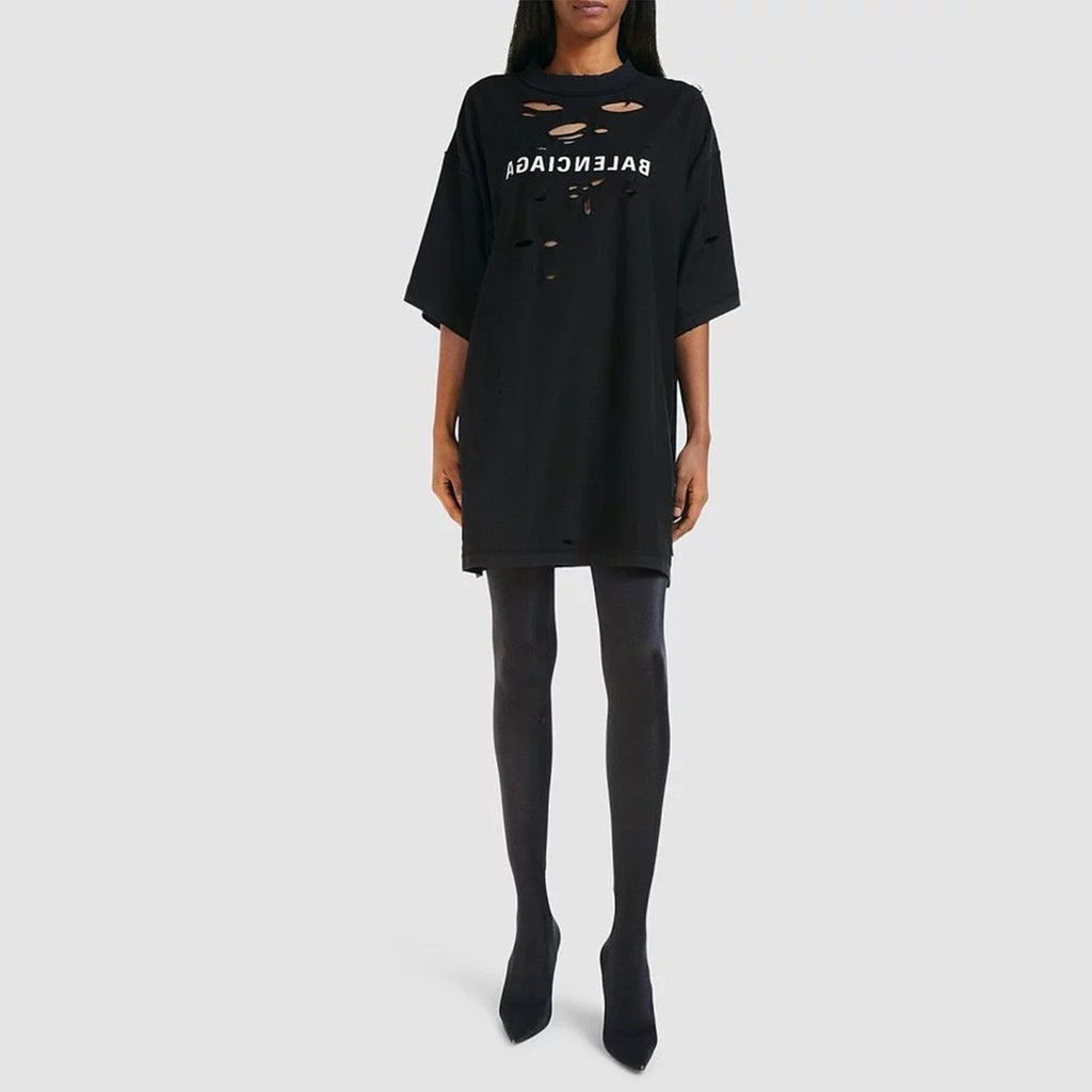 Balenciaga Men's Women's Summer Black Retro Torn High Street Large Silhouette Letter Logo Short Sleeve T Shirt #99292