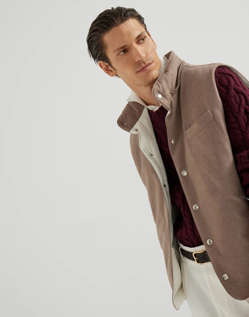 Brunello Cucinelli Men's Spring/Autumn Detachable Hooded Solid Color Single-Breasted Bonded Wool Flannel Down Vest Ngvp #2293