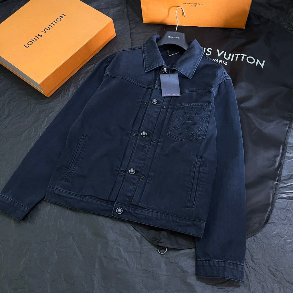 Louis Vuitton Men's Spring/Autumn Solid Colour Embroidered Letter Print Pocket Single-Breasted Long-Sleeved Denim Jacket and Casual Denim Trousers Pants Set Suit #77632