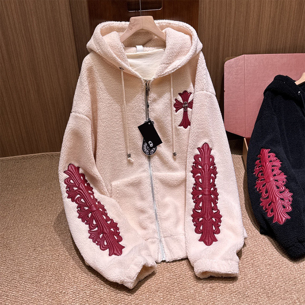 Chrome Women's and Men's Fall/Winter Hearts Polar Fleece Red Leather Cross Coat Embroidered Flowers  #332923