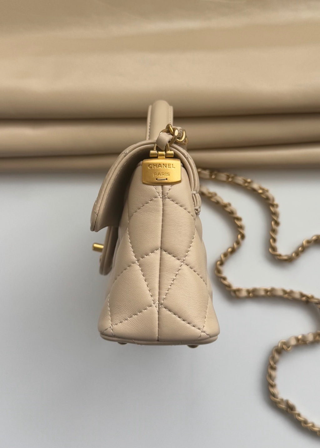 Chanel Women's Horizontal Trumpet Apricot Kelly Bag Lambskin Apricot Antique Gold Buckle Shoulder Crossbody Handbag #332359