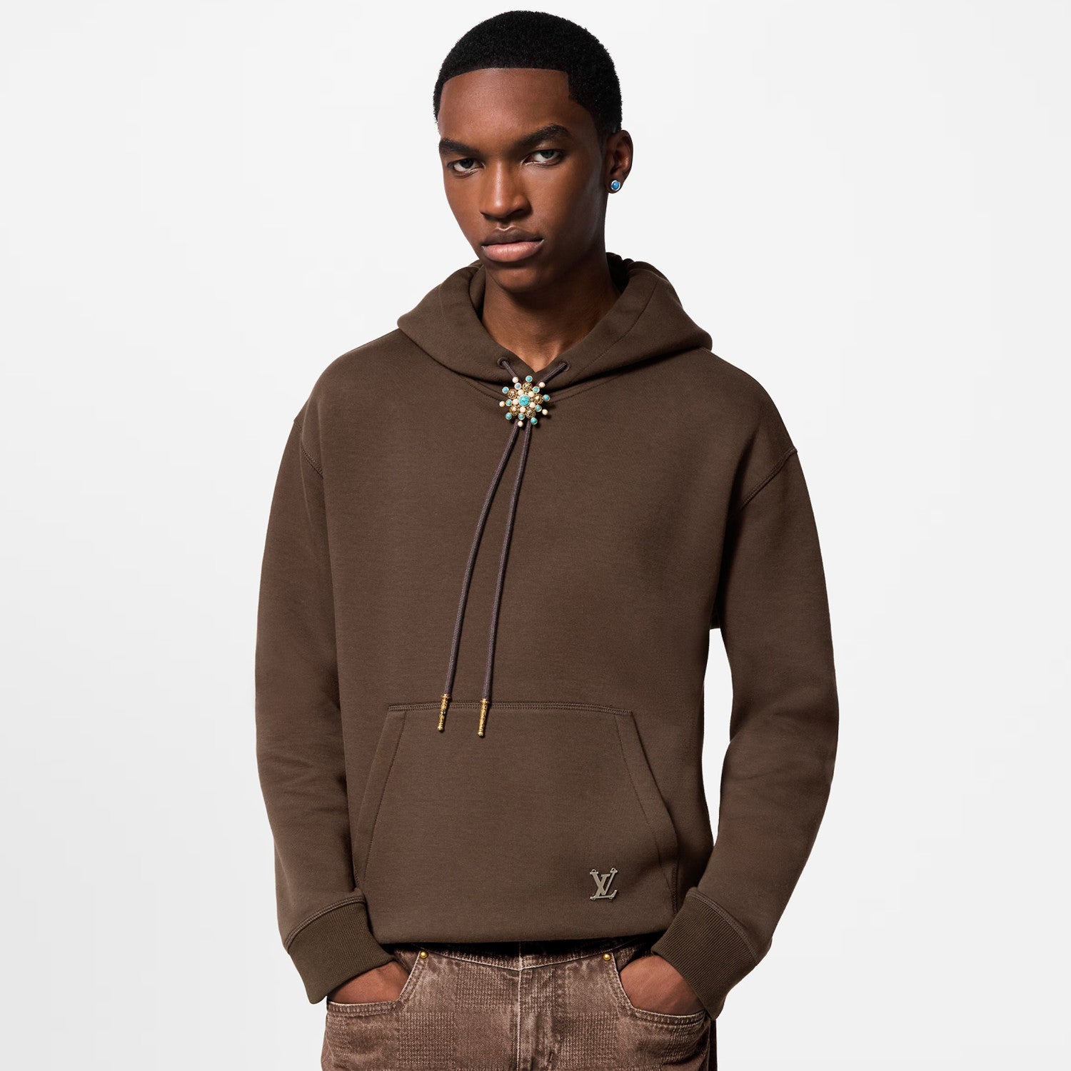 Louis Vuitton Men's Spring and Fall Brown Logo Metal Label Drawstring Hooded Sweatshirt Pullover #73122
