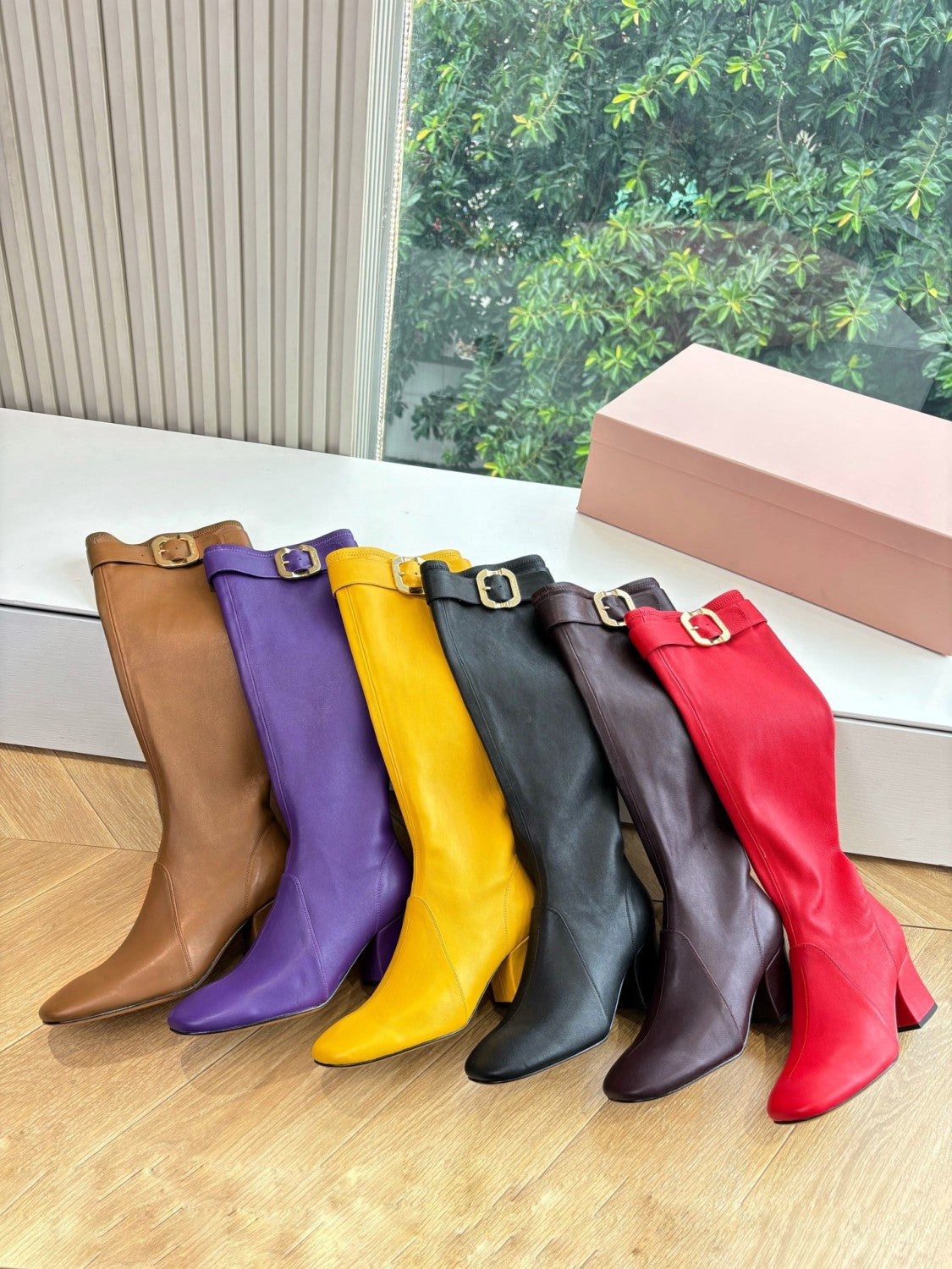 MiuMiu Women's Spring/Fall Fashion Classic Round Toe Cuffed Chunky Heel Solid Color Leather Long Boots Shoes#78718
