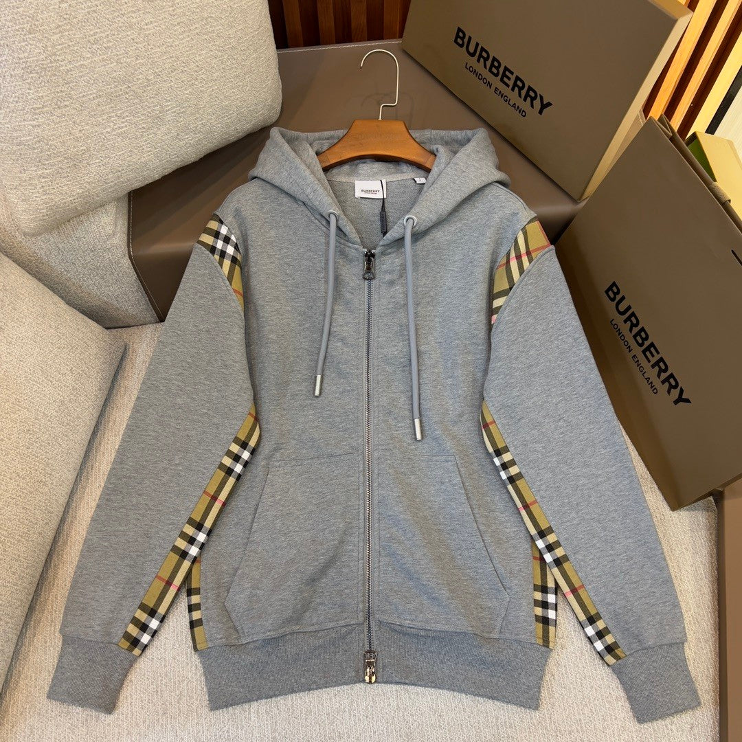 Burberry Men's Spring and Autumn Plaid Crop Solid Color Hooded Zipper Jacket #72528