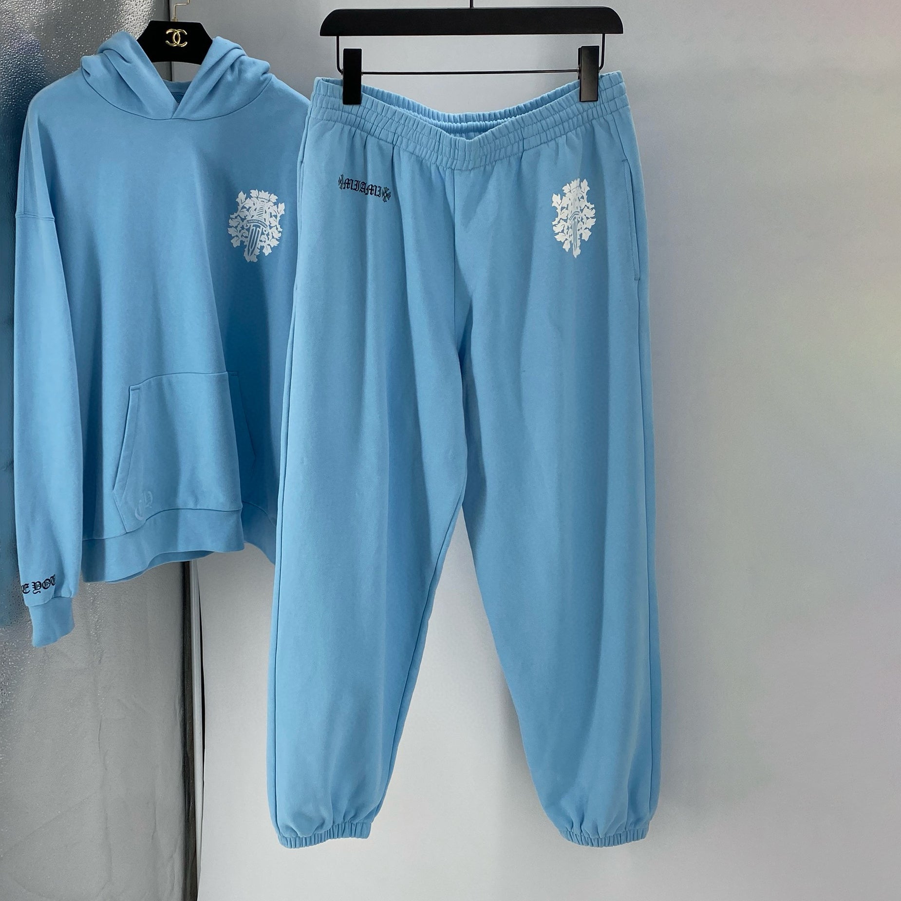 Chrome Hearts Men's Autumn and Winter Blue Long Sleeve Hooded Sweatshirt Stretch Sweatpants Pants Set Suit #97987