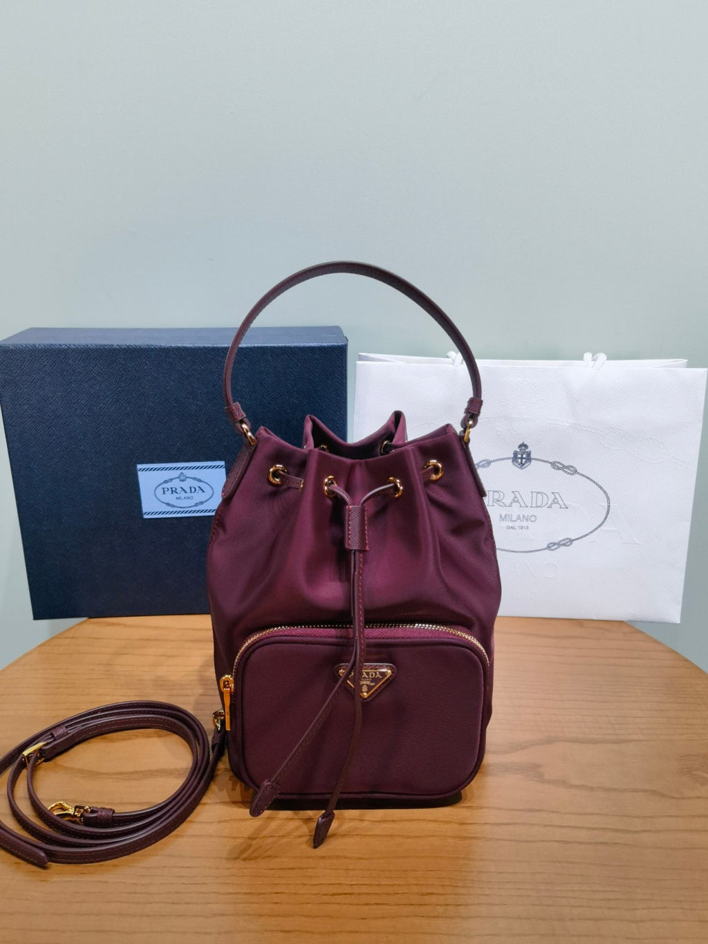 Prada Duet Recycled Nylon Bucket Bag Drawstring Closure Shoulder Bag #332667