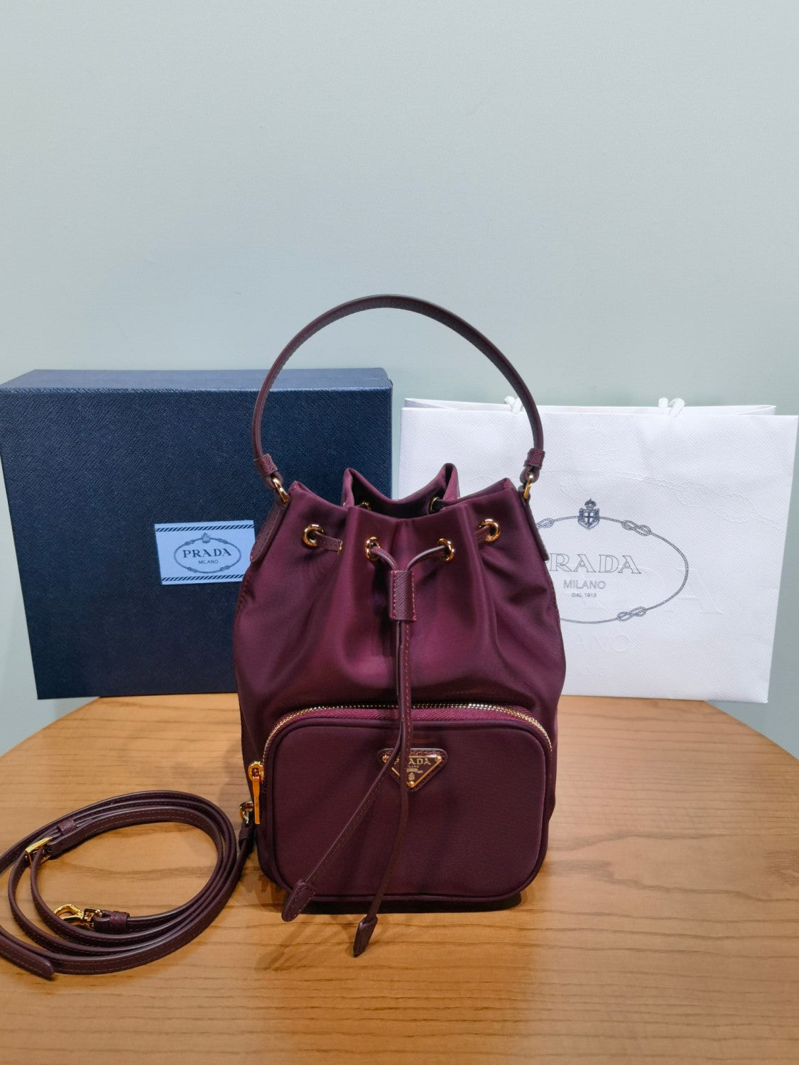 Prada Duet Recycled Nylon Bucket Bag Drawstring Closure Shoulder Bag #332667