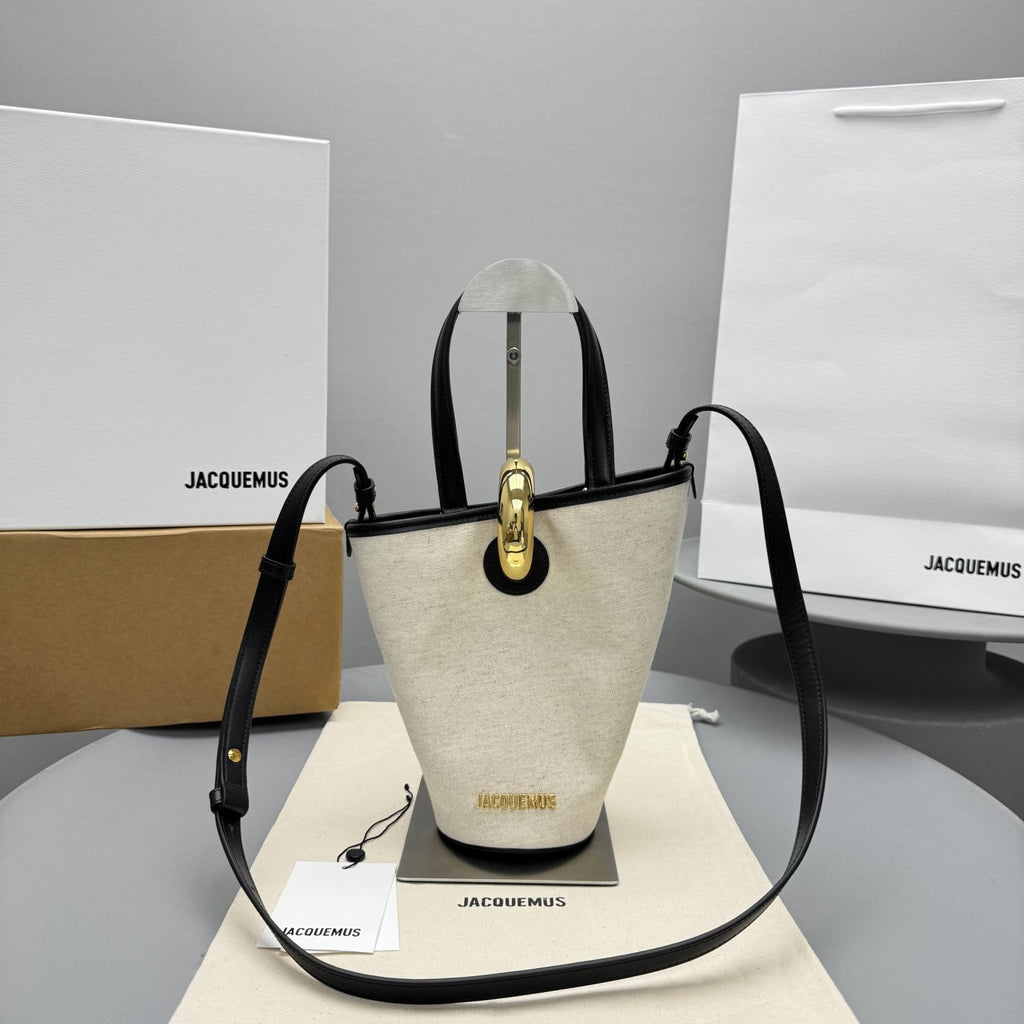 Jacquemus The small Bambola Women's Classic Fashionable Minimalist Detachable Shoulder Strap Metal Buckle Linen Leather Bucket Bag Tote Bag Handbag Bags #78241