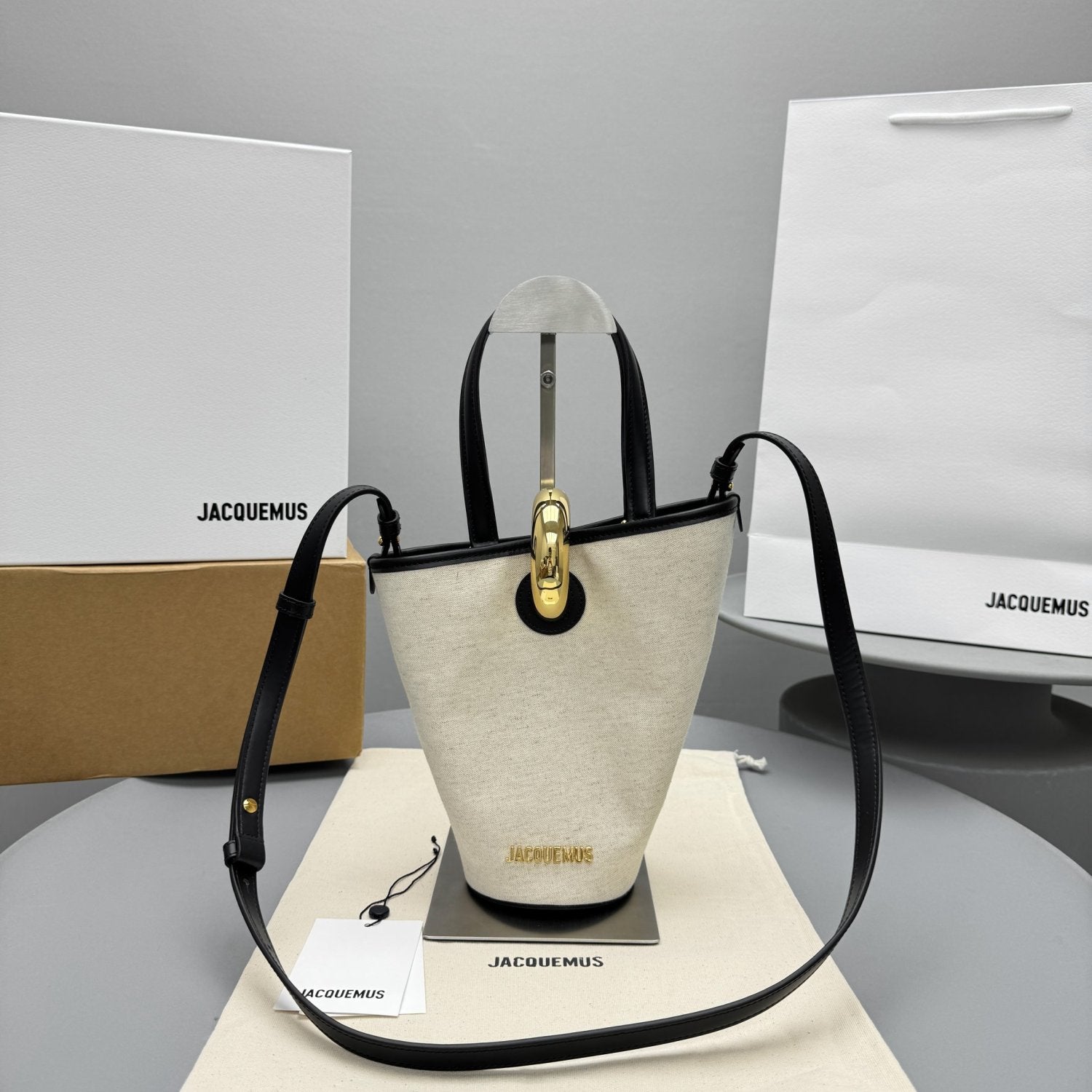 Jacquemus The small Bambola Women's Classic Fashionable Minimalist Detachable Shoulder Strap Metal Buckle Linen Leather Bucket Bag Tote Bag Handbag Bags #78241