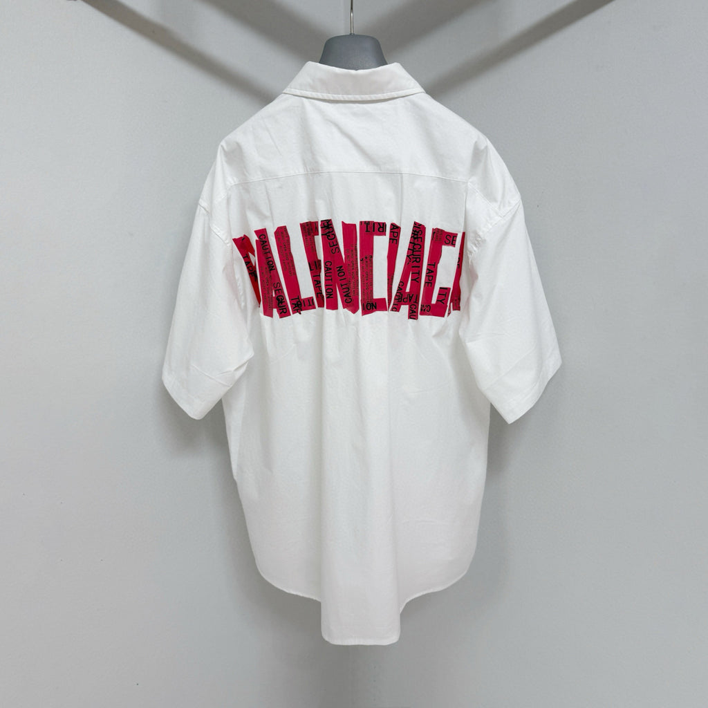 Balenciaga Men's Summer Solid Tape Letter Print Single Breasted Short Sleeve Shirt #76698