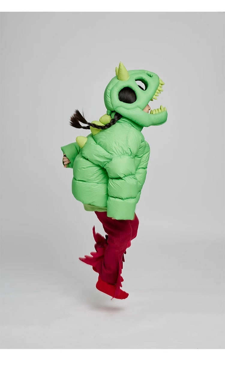 Kid's Autumn And Winter Solid Color Three-Dimensional Cutting Dinosaur Cap Hooded Loose Long-Sleeved Puffer Down Jacket #31323