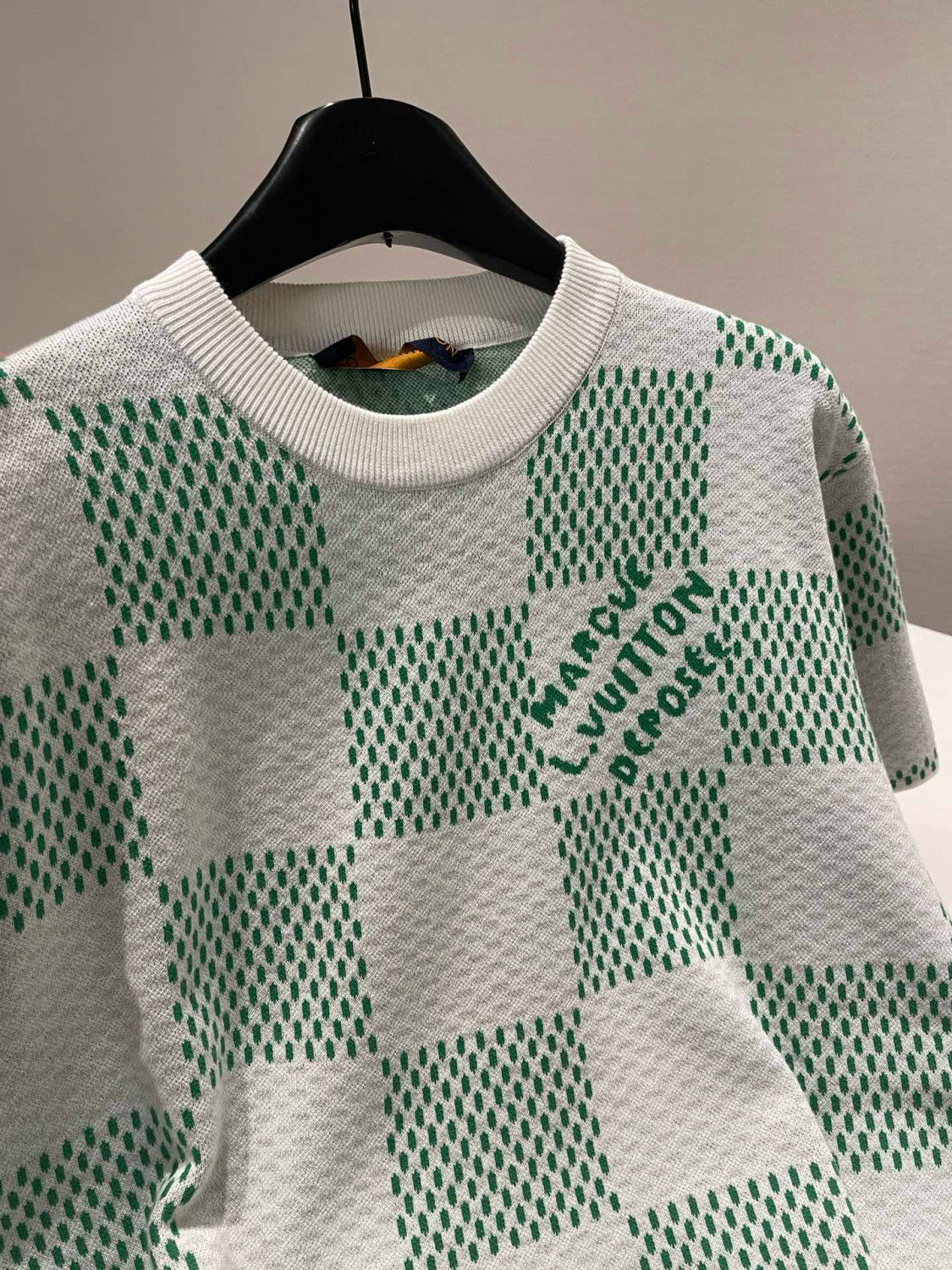 Louis Vuitton Men's Summer White Green Plaid Pattern Round Neck Cotton Short Sleeve T-Shirt #98739