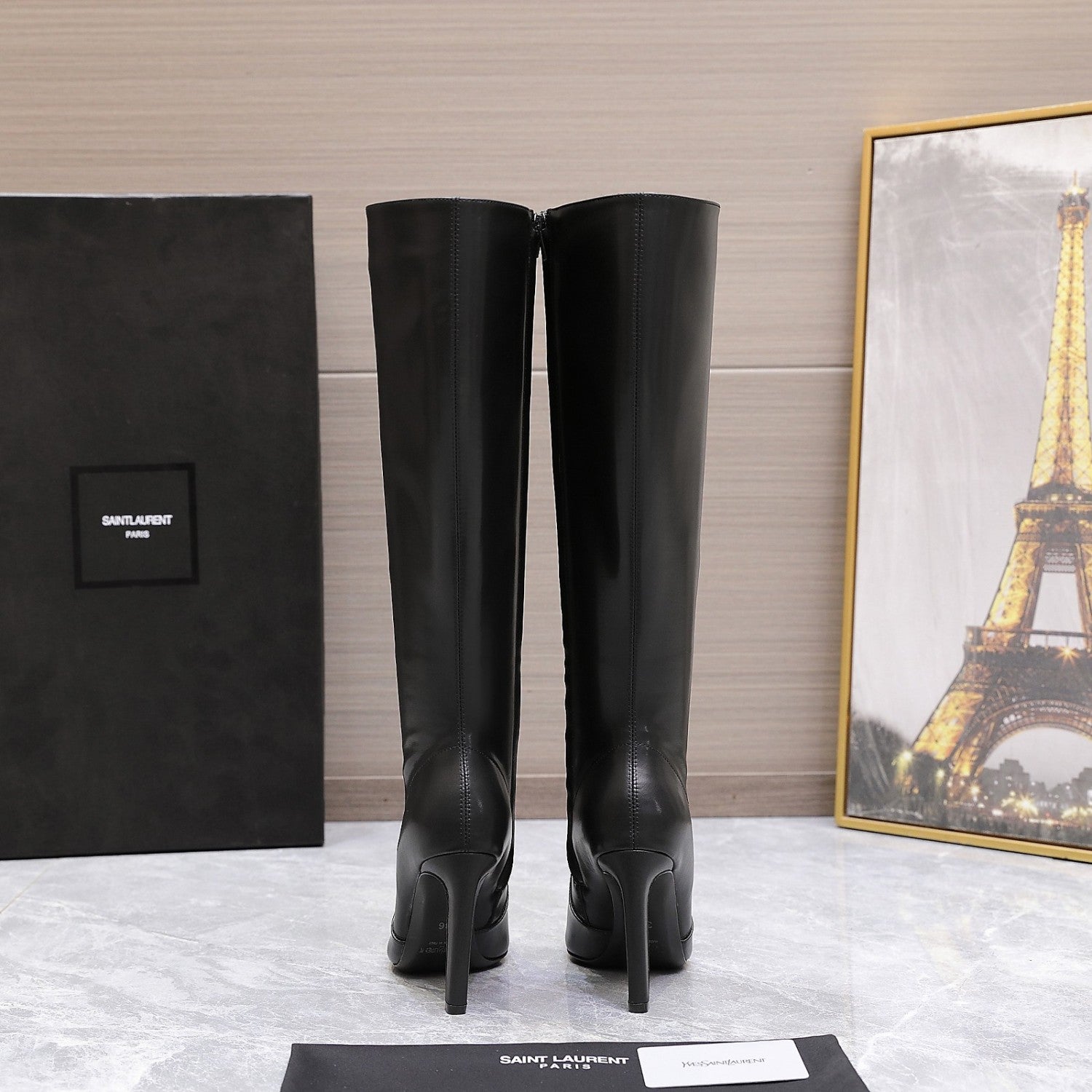 Saint Laurent FRANCOISE Women's Classic Pointed Toe Side Zip Leather High Heel Boots 10cm Heel High Heel Shoes #79181