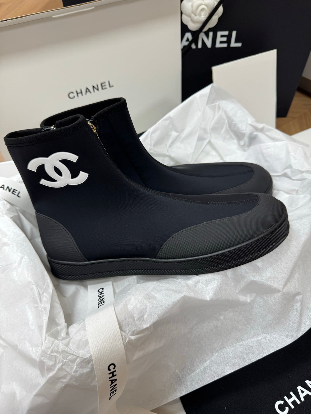 CHANEL Short Boots Mixed Fibers Rubber Beige Black #387573