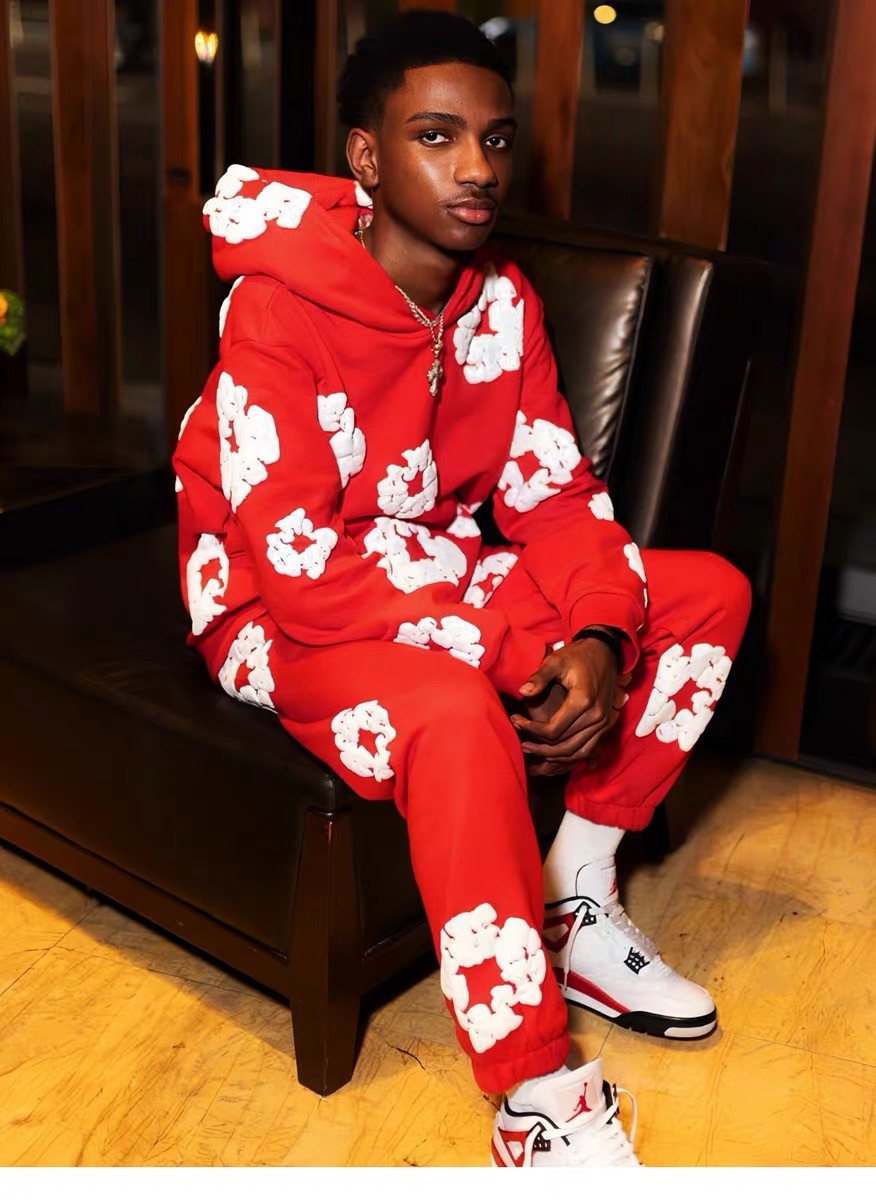 Denim Tears Men's Women's Spring & Autumn Floral Print Pocket Long Sleeve Solid Color Fit Cotton Hooded Sweatshirt Ngvp #8853