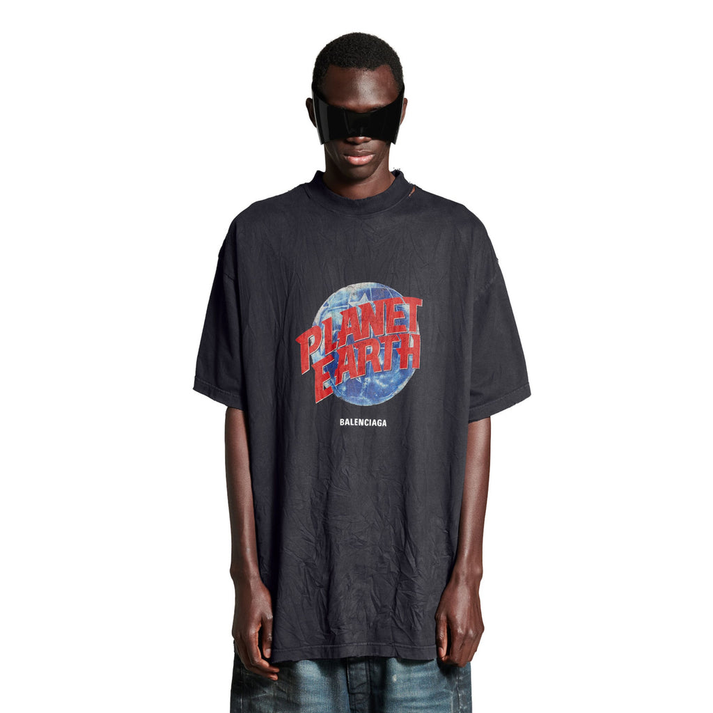 Balenciaga Men's Summer Logo Earth Print Round Neck Retro Do Old Loose Solid Color Cotton Short Sleeve T-Shirt #71642