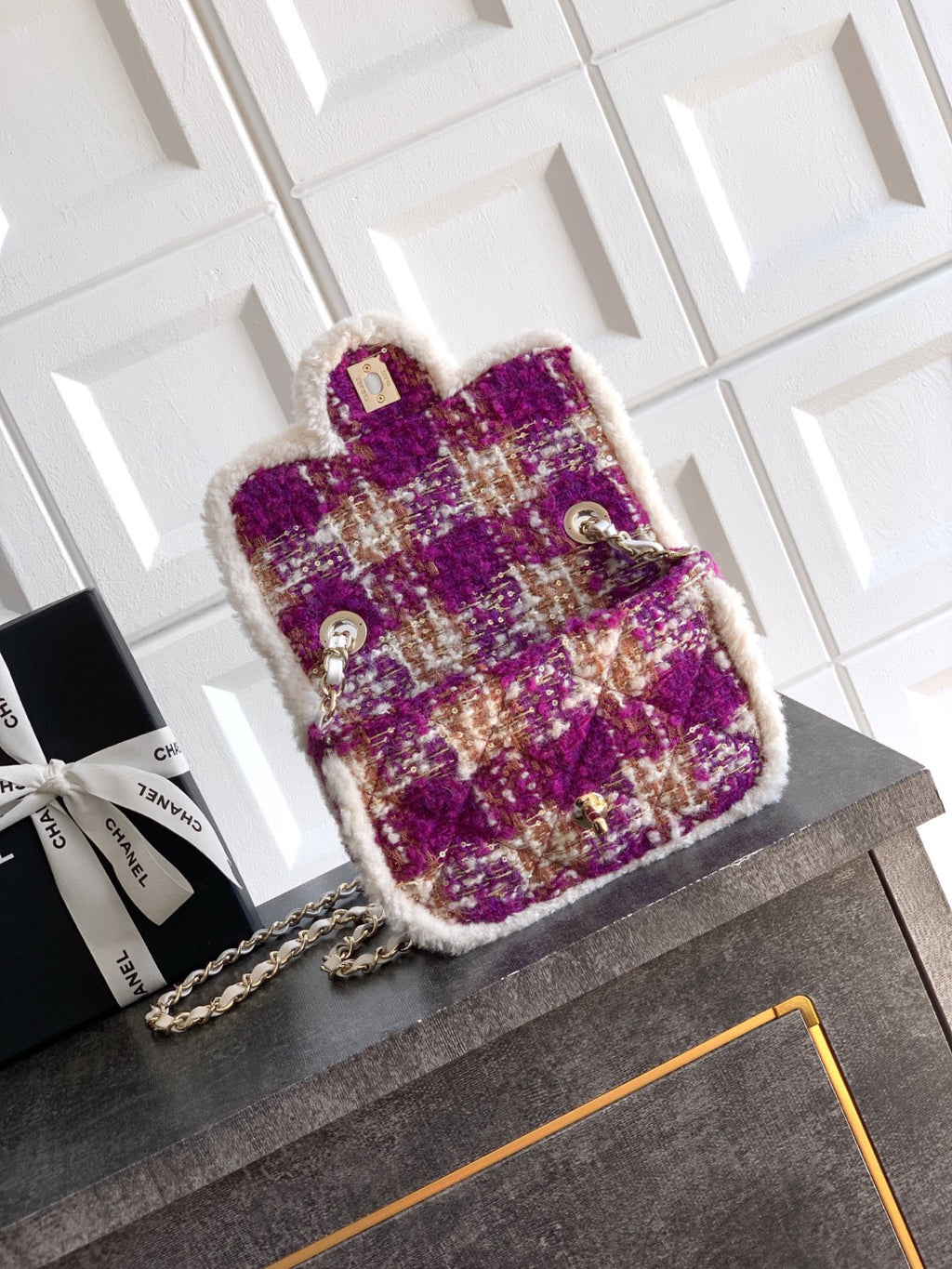 Chanel Large Flap Bag Tweed Shearling Lambskin #333980
