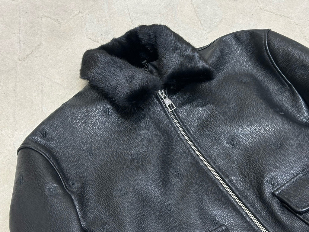 Louis Vuitton Men's Autumn/Winter Logo Embroidery Hair Collar Zip Cowhide Pilot Jacket #99476