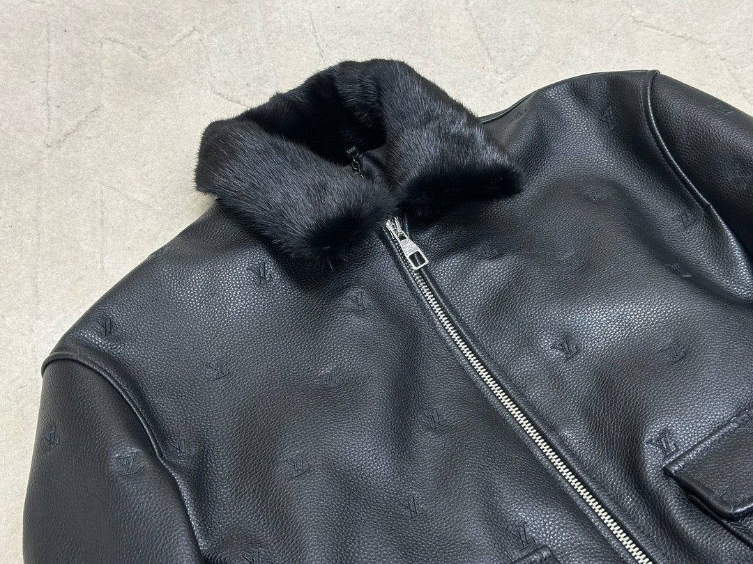 Louis Vuitton Men's Autumn/Winter Logo Embroidery Hair Collar Zip Cowhide Pilot Jacket #99476