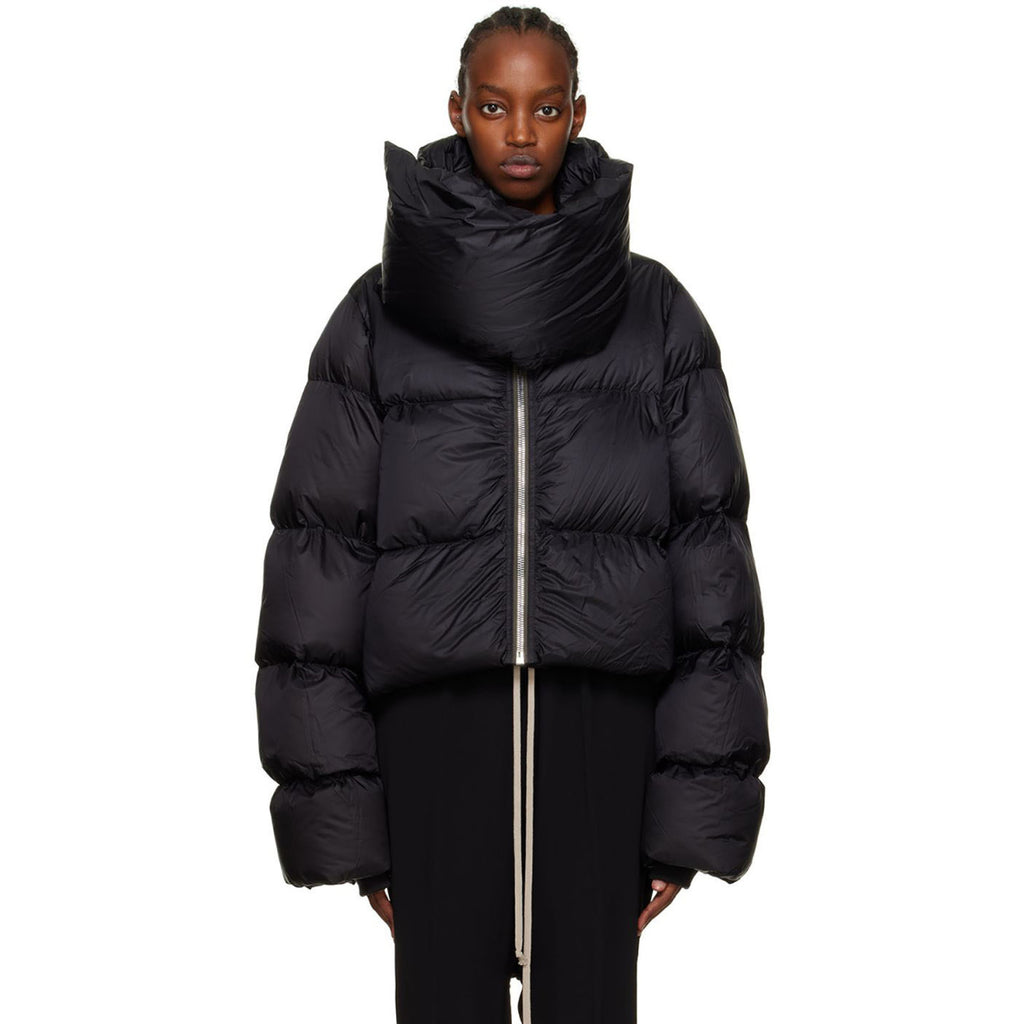 Rick Owens Men's Women's Fall And Winter Dark Windproof Scarf Down Jacket Thickened Warm Short Ultra-long-sleeved Zipper Down Jacket Ngvp #2494