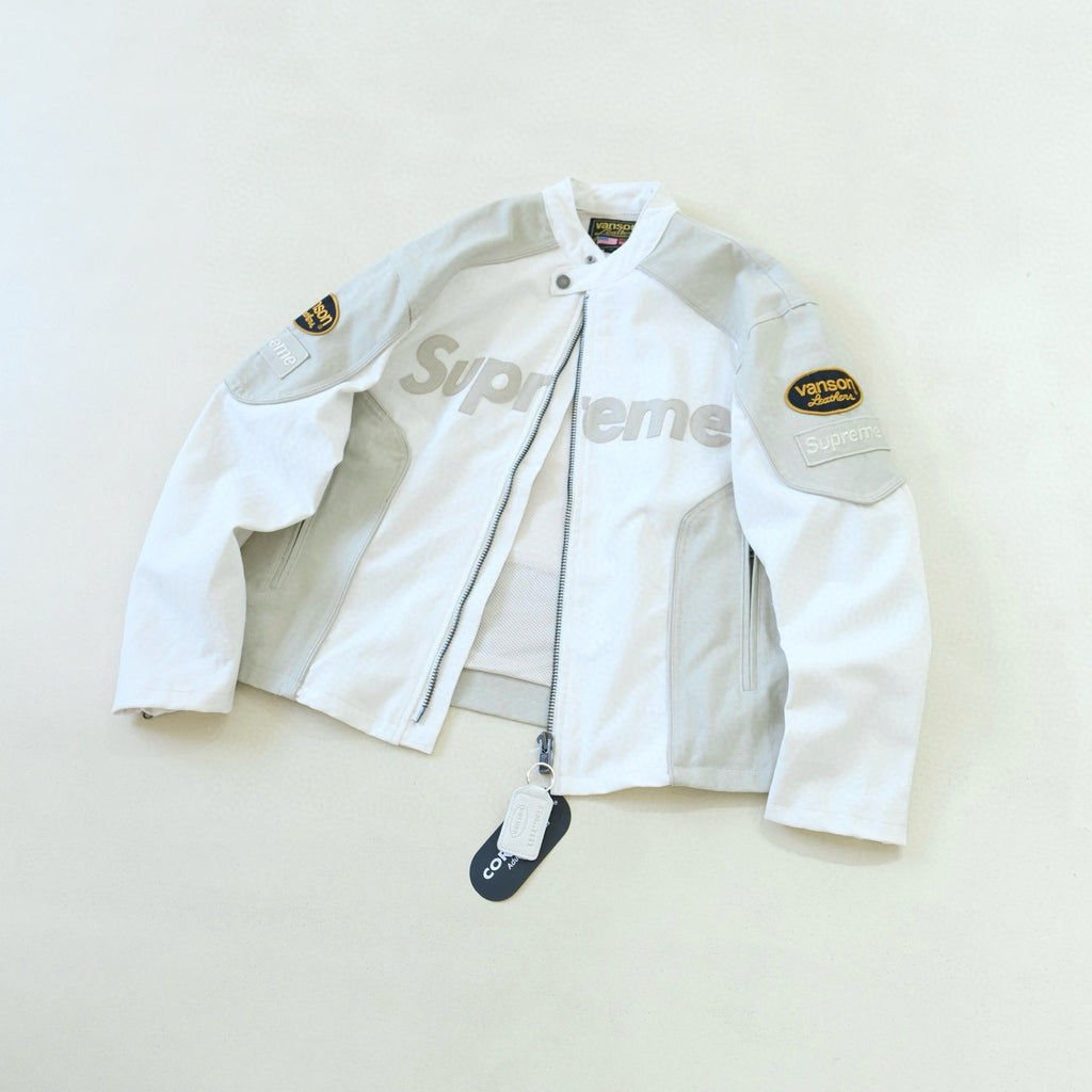 Supreme x Vanson Leathers x Cordura Men's And Women's Spring/Fall Fashion Casual High Neck Leather Logo Zipper Patchwork American Style Jacket #78582