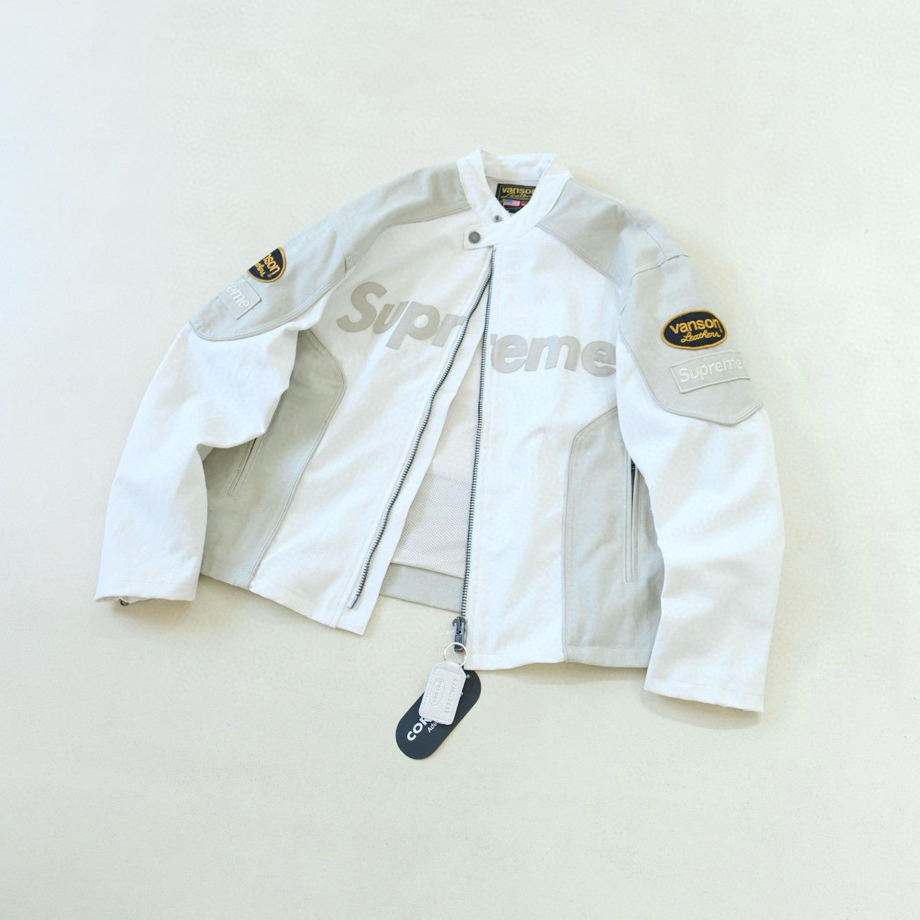Supreme x Vanson Leathers x Cordura Men's And Women's Spring/Fall Fashion Casual High Neck Leather Logo Zipper Patchwork American Style Jacket #78582