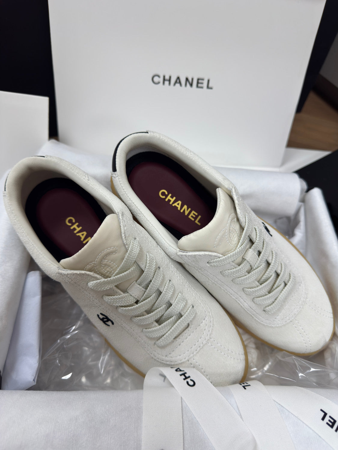 CHANEL Sneakers Suede Calfskin Calfskin White Black #381214