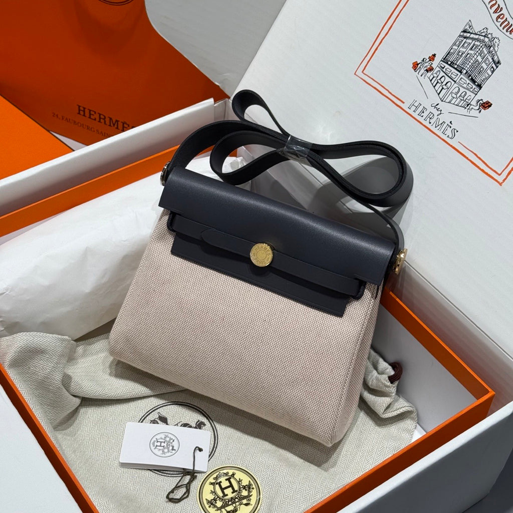 Hermes H -Mini Herbag Women's Color Blocking Metal Buckle Canvas and Cowhide Handbag Shoulder Satchel Bag Bags #76411