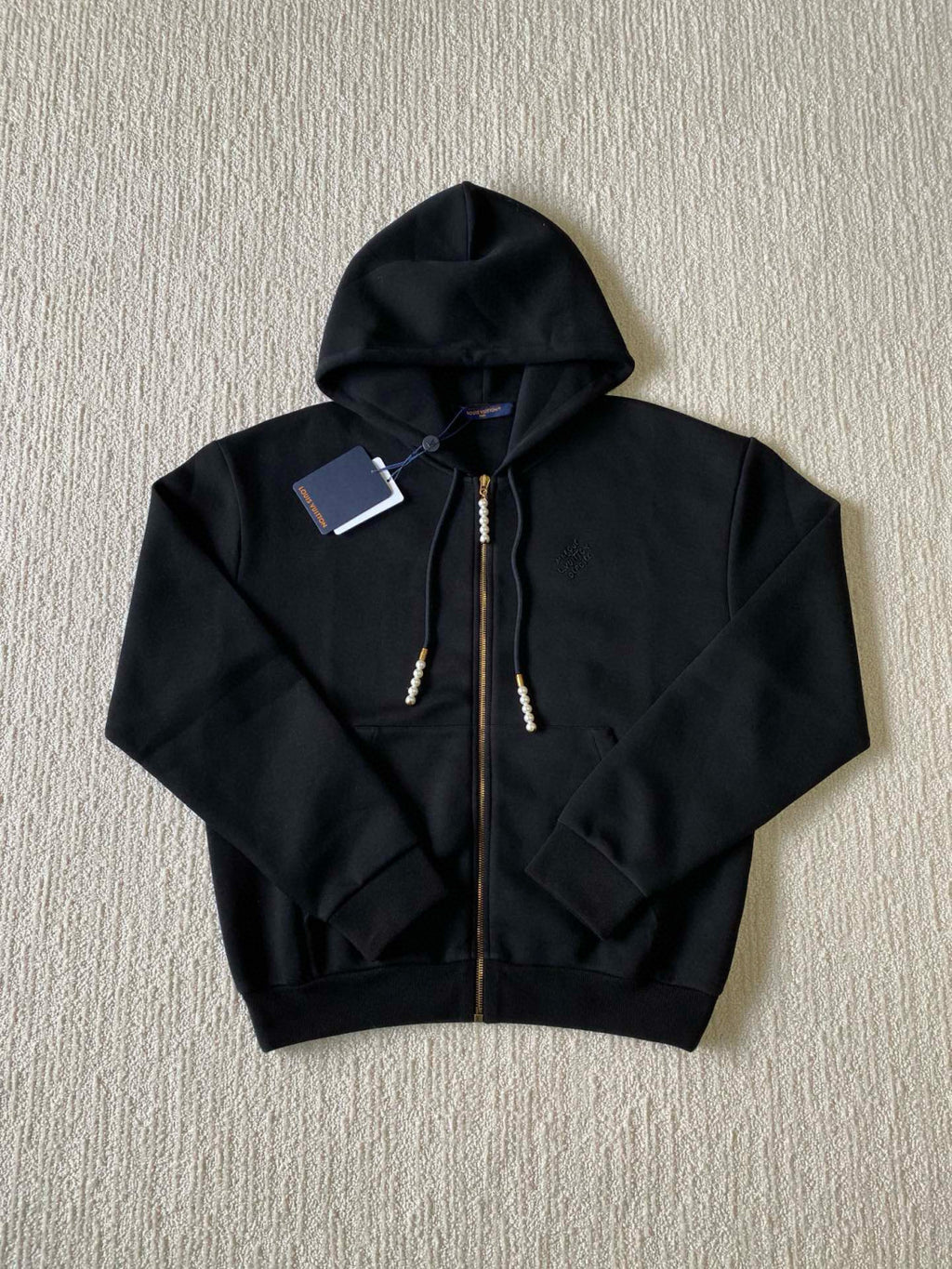 Louis Vuitton Men's Spring and Fall Pearl Pendant Black Embroidery Knit Zipper Hooded Jacket #98798