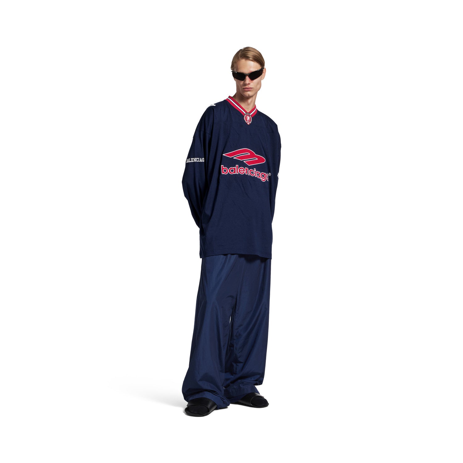 Balenciaga Men's 3b Football Long Sleeve V-neck T-shirt in Dark Navy red  #334654