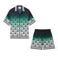 Casablanca Men's Summer Fashion Casual Heart Pattern Silk Button Down Short Sleeve Shirt with Elastic Drawstring Silk Shorts Suit Set #78592