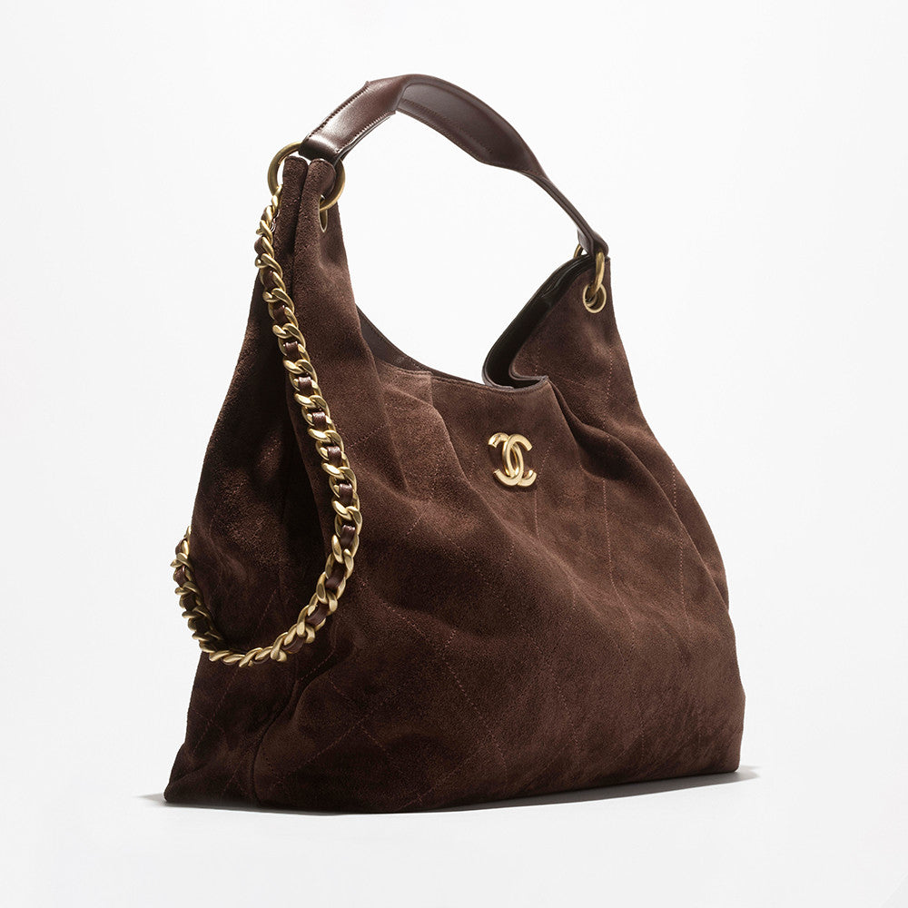 Chanel Maxi Hobo Bag Suede Calfskin Lambskin Gold-tone Metal Dark Brown #336664