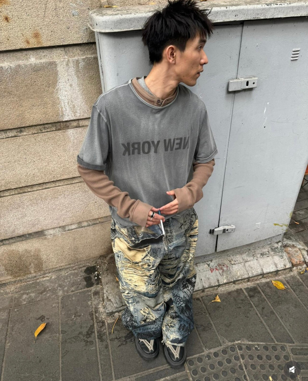 Acne Studios Men's Spring And Summer Ripped Graffiti Mise-en-scène Effect Print Denim Pants Super Loose Fit Jeans Fashion High Street Casual Blue Straight Trousers Ngvp #1186