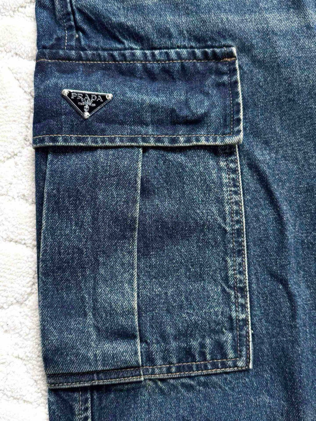 Prada Men's Four Seasons Logo Old Multi-Pocket Mid-Rise Loose Work Pants Cotton Denim Trousers Pants #81198