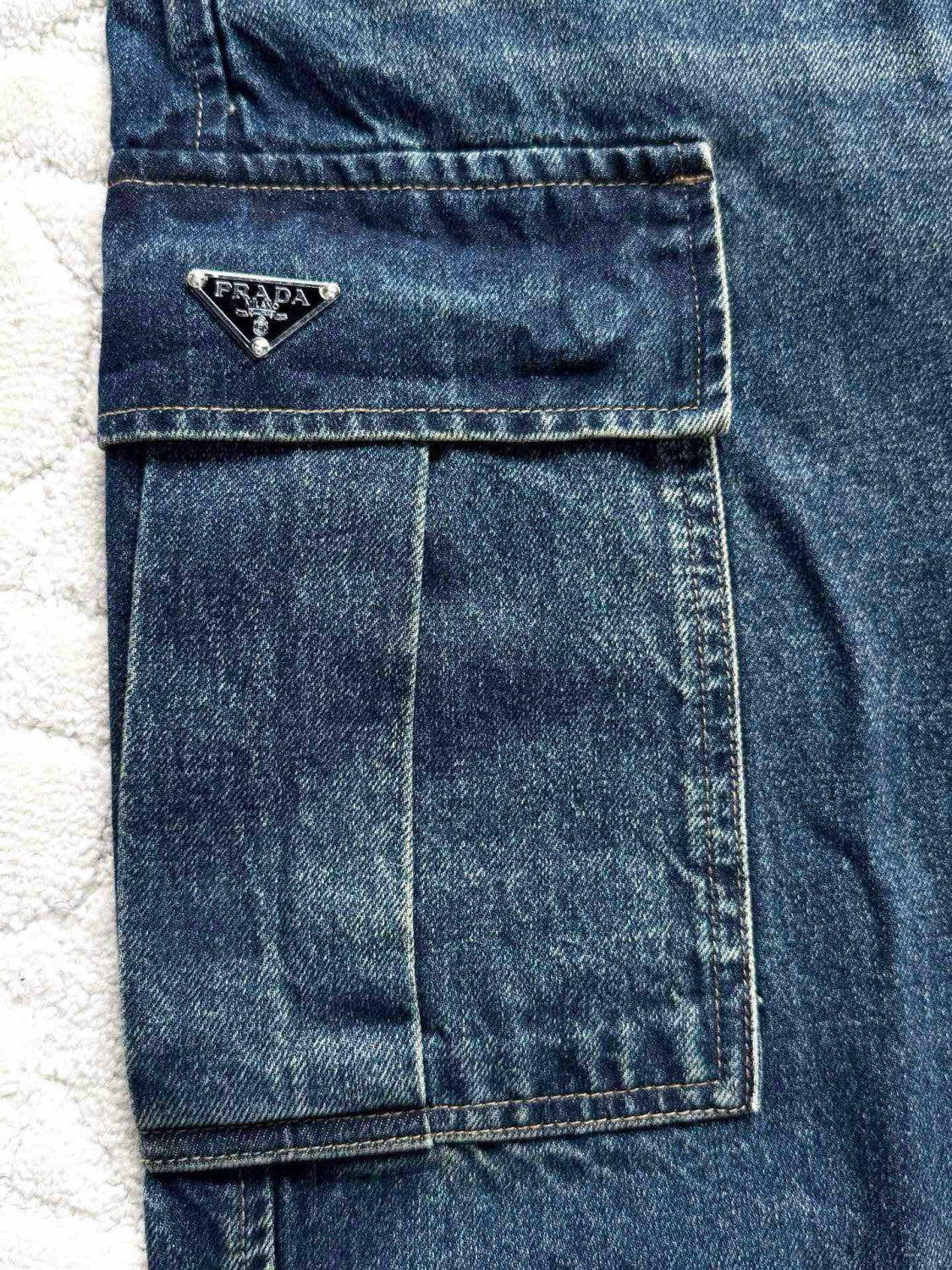 Prada Men's Four Seasons Logo Old Multi-Pocket Mid-Rise Loose Work Pants Cotton Denim Trousers Pants #81198