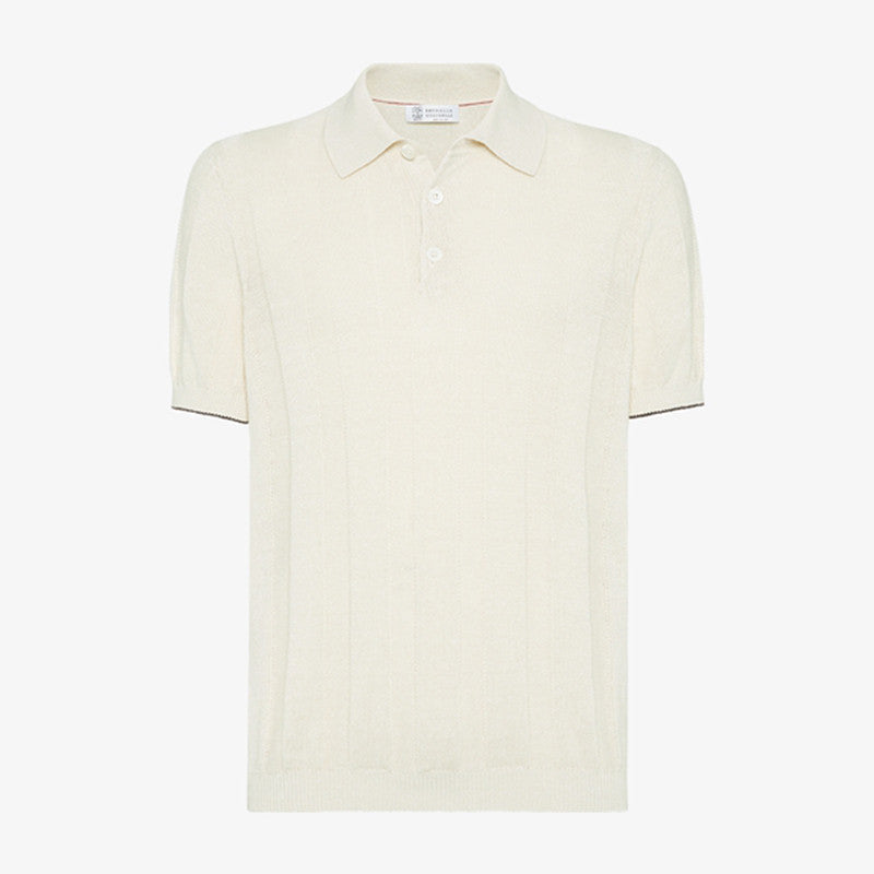 Brunello Cucinelli Men's Summer Solid Color Fitted Short Sleeve Linen And Cotton Wide Rib Knit Polo Shirt Ngvp #1559