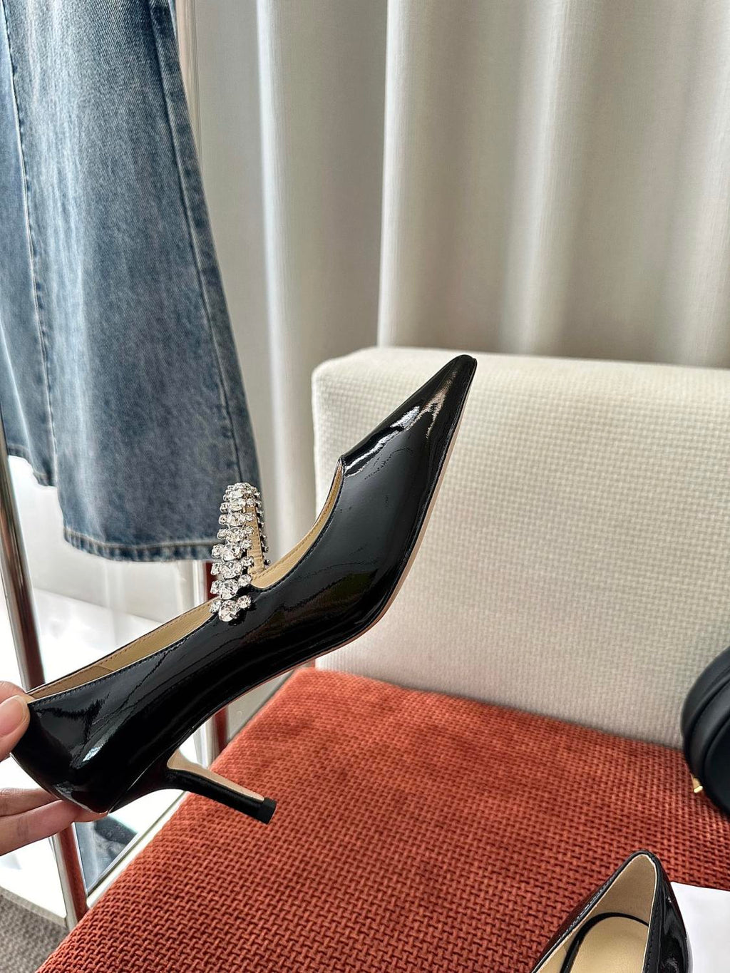 JIMMY CHOO BING PUMP 65 Women's Summer Solid Color Crystal Decorated Patent Leather High Heels Shoes #77334