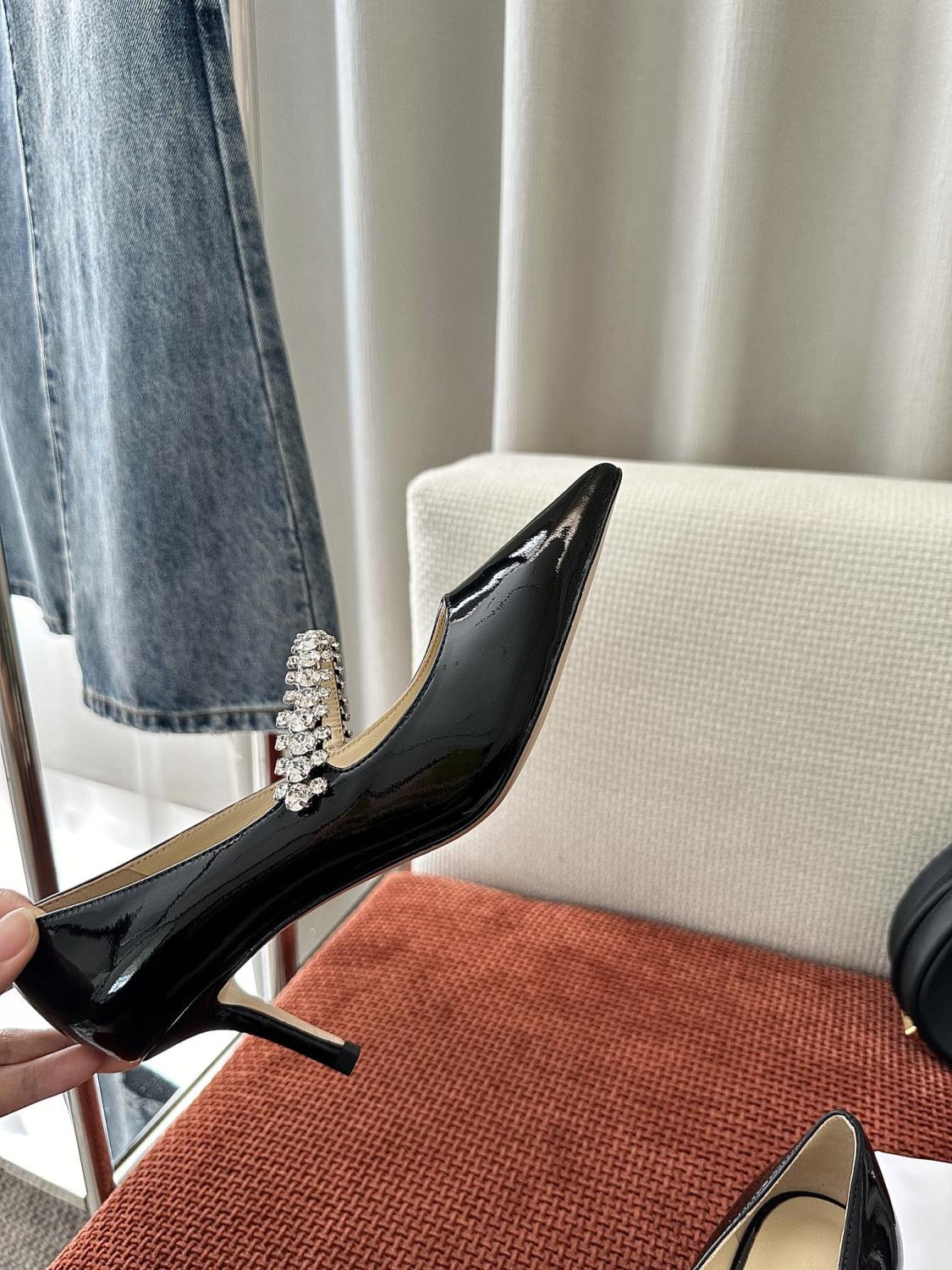 JIMMY CHOO BING PUMP 65 Women's Summer Solid Color Crystal Decorated Patent Leather High Heels Shoes #77334