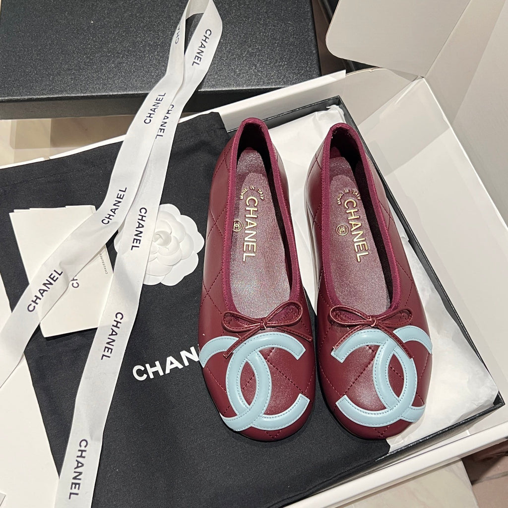 CHANEL Ballet Flats Lambskin Burgundy Light Blue #386254