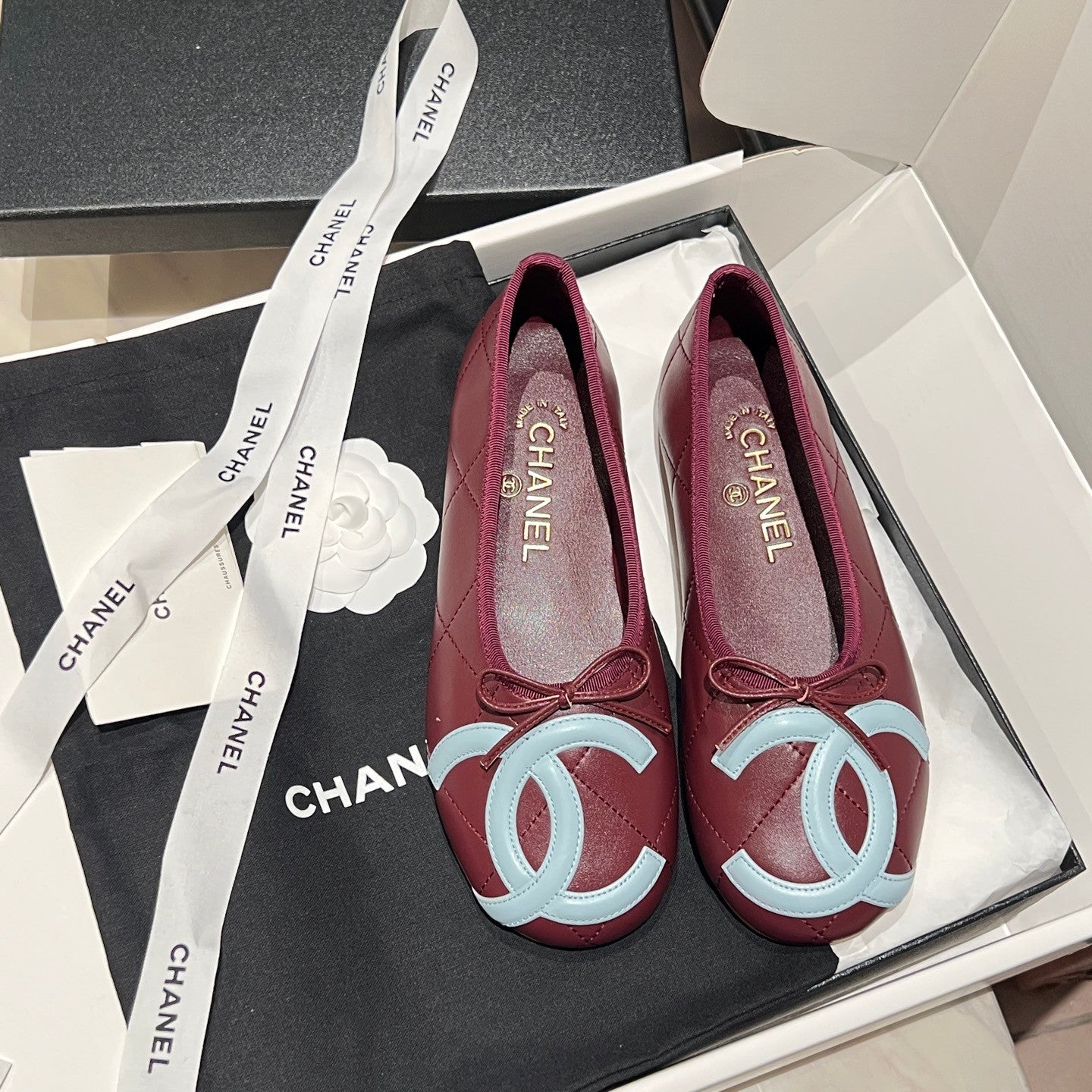CHANEL Ballet Flats Lambskin Burgundy Light Blue #386254