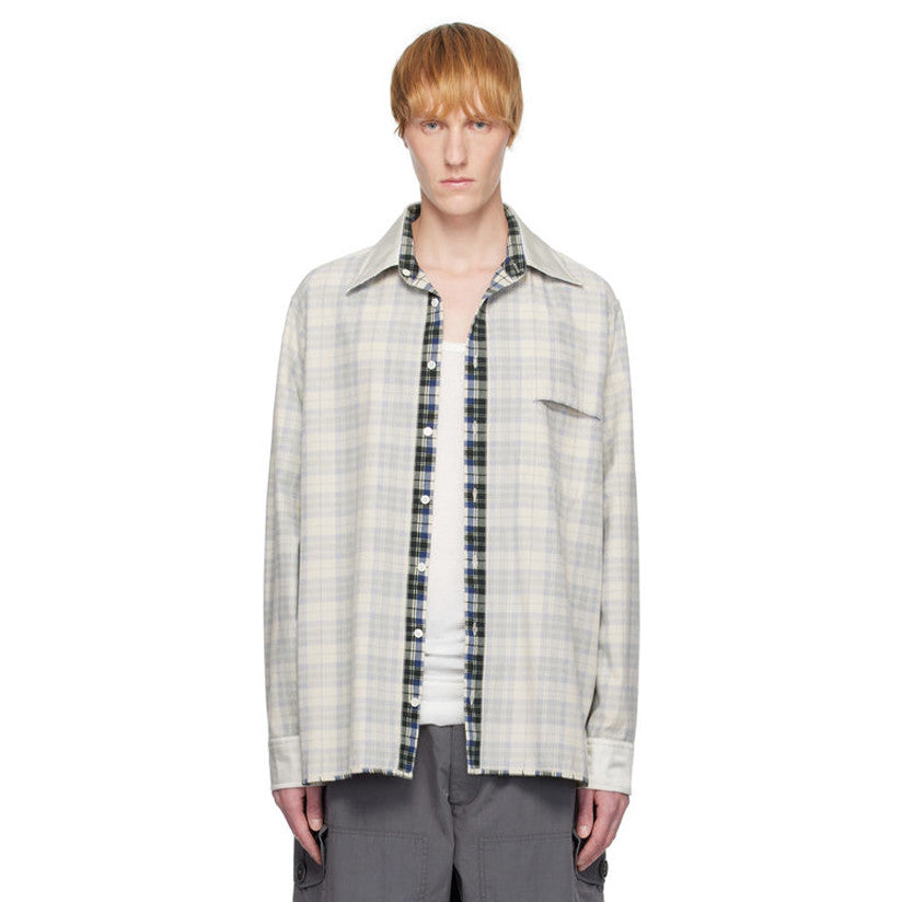 Maison Margiela Men's Spring/Fall Color-Block Checkered Collared Single-Breasted Long-Sleeve Twill Cotton Loose-Fit Shirt Ngvp #2315