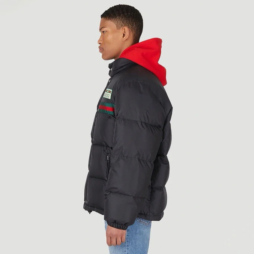 Gucci Men's And Women's Winter Fashion Casual High Neck Single Button Red Green Striped Webbing Contrast Collar Detachable Sleeves Down Jacket #79374