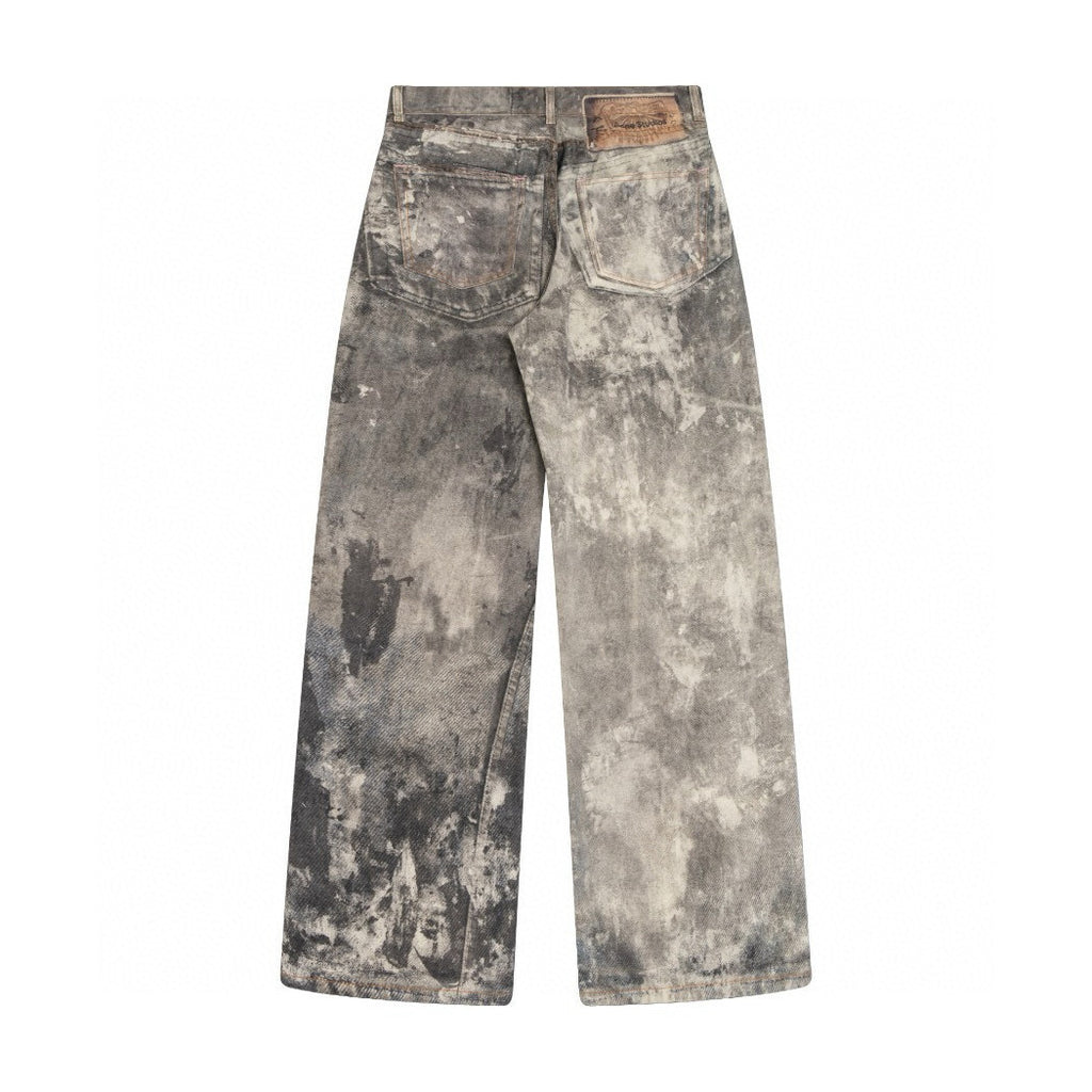 Acne Studios Men's Fall/Winter Ink Splash Print Low Rise Wide Leg Loose Button Jeans Pants #72142