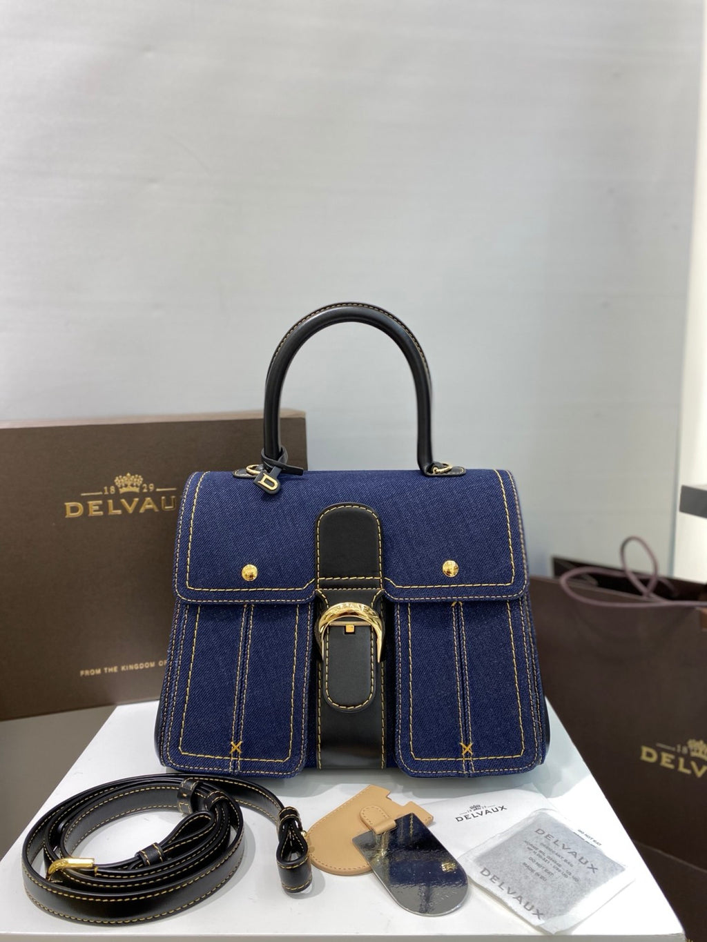 Delvaux Brillant Trench Women's Outer Stitching Solid Color Denim Patchwork Leather Tote Shoulder Bag Bags #76452