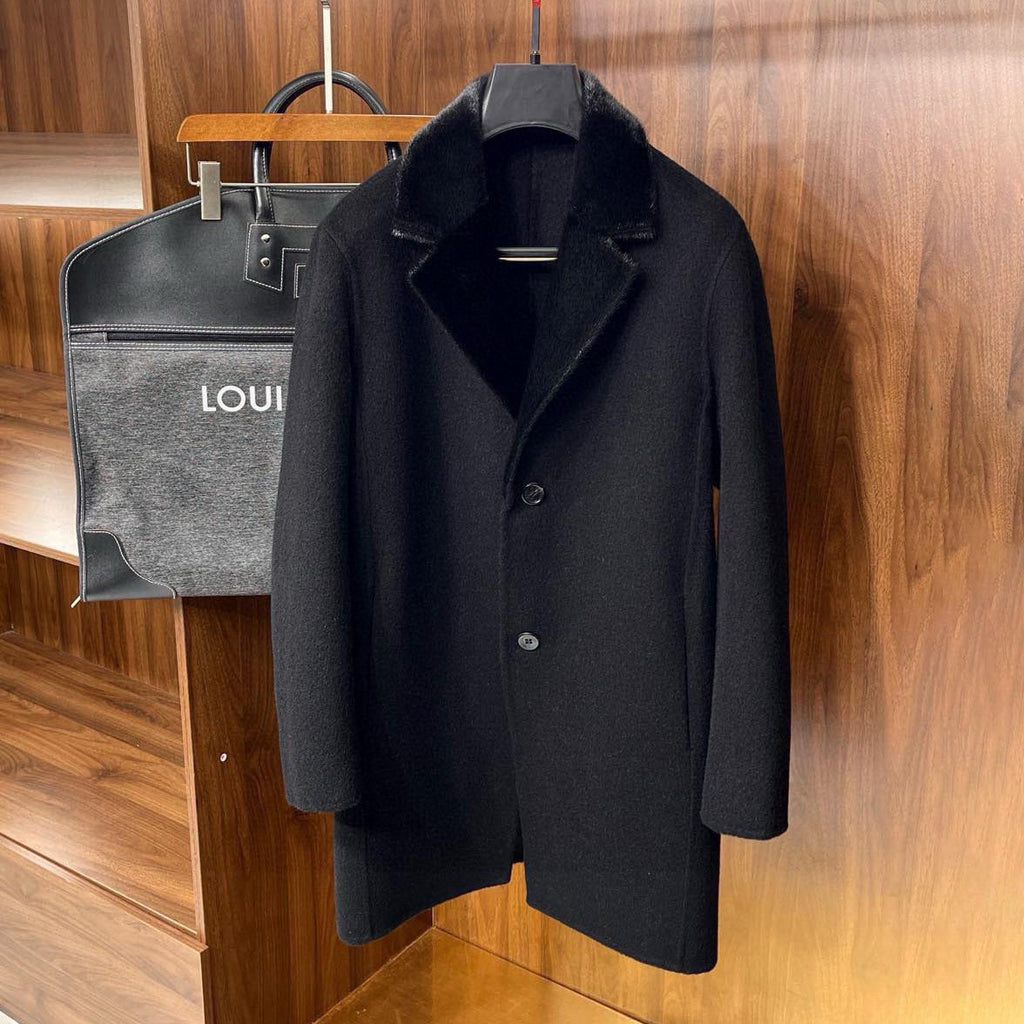 Louis Vuitton Men's Autumn and Winter Solid Color Seal Fur Collar Cashmere Long Single Breasted Coat Jacket #74933