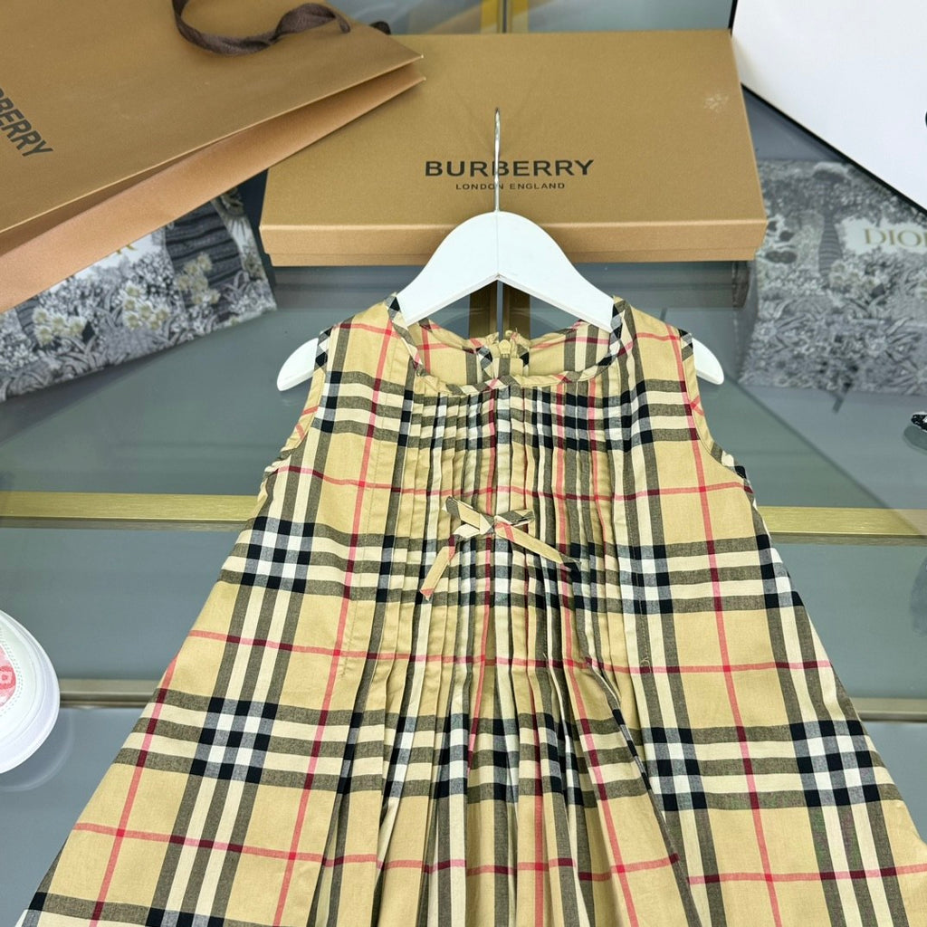 Burberry Kid's Summer Plaid Full Print Cotton Round Neck Short Pleated Sleeveless Dress #31313