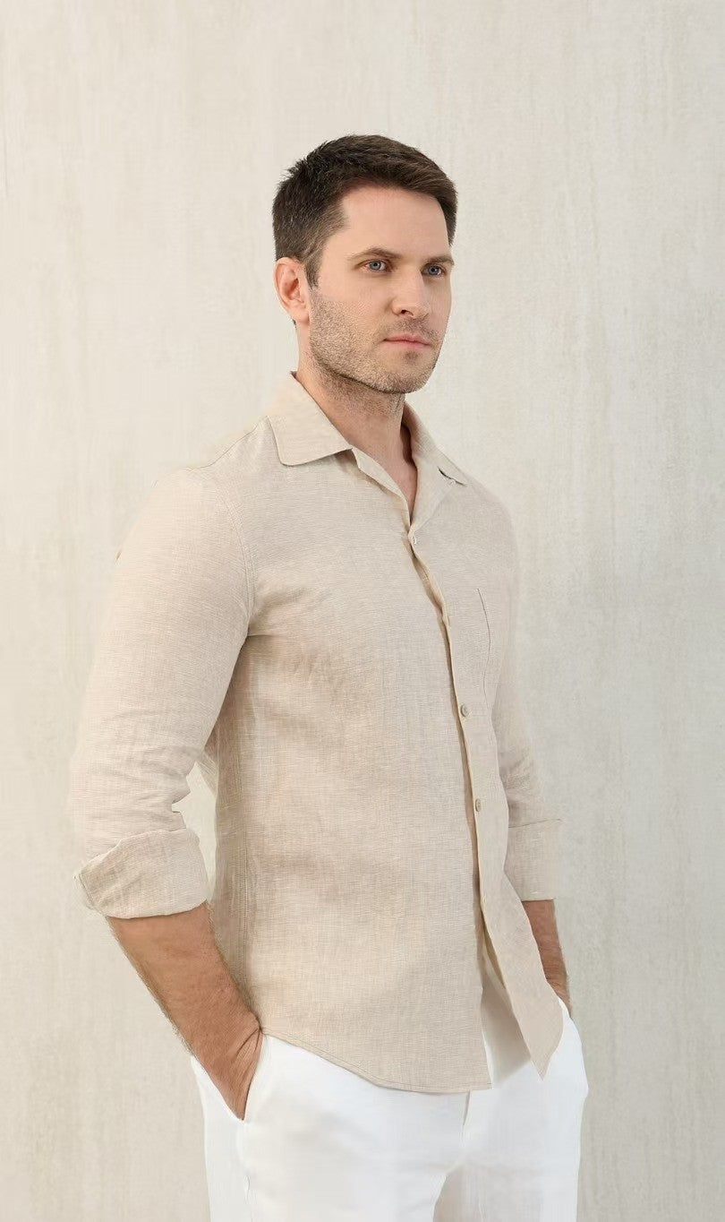 Brunello Cucinelli Men's Linen Easy Fit Shirt with Camp Collar and Chest Pocket Spring And Autumn Solid Color Long Sleeve Top Ngvp #1455