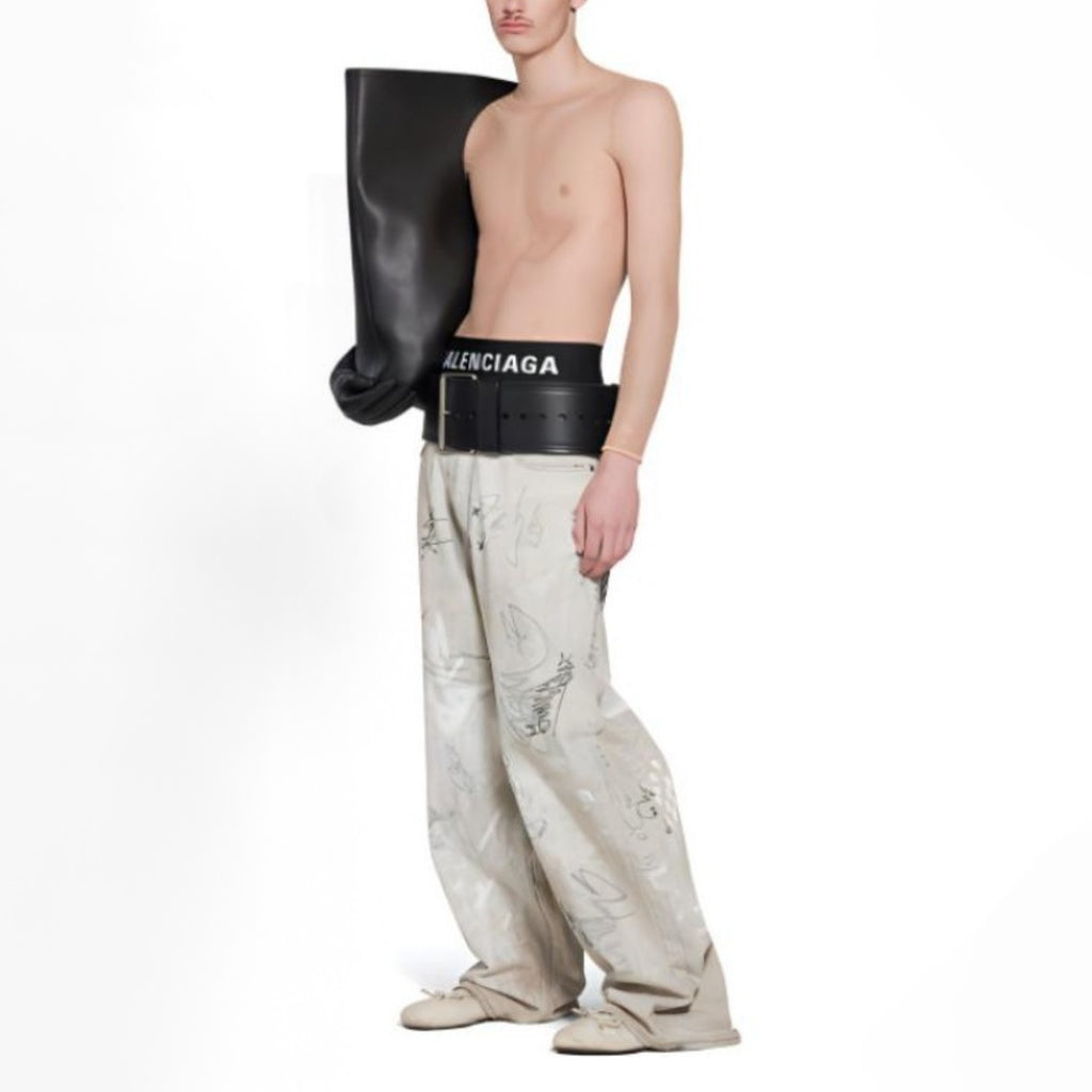 Balenciaga Men's Spring And Autumn Graffiti Retro Old Workwear Pants White Baggy Jeans High Street Fashion Straight Casual Pants Ngvp #1184