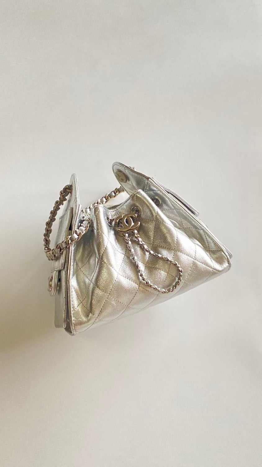 Chanel 25 Women's Mini Handbag Metallic Grained Embossed Calfskin And Silver Metal Silver #332929