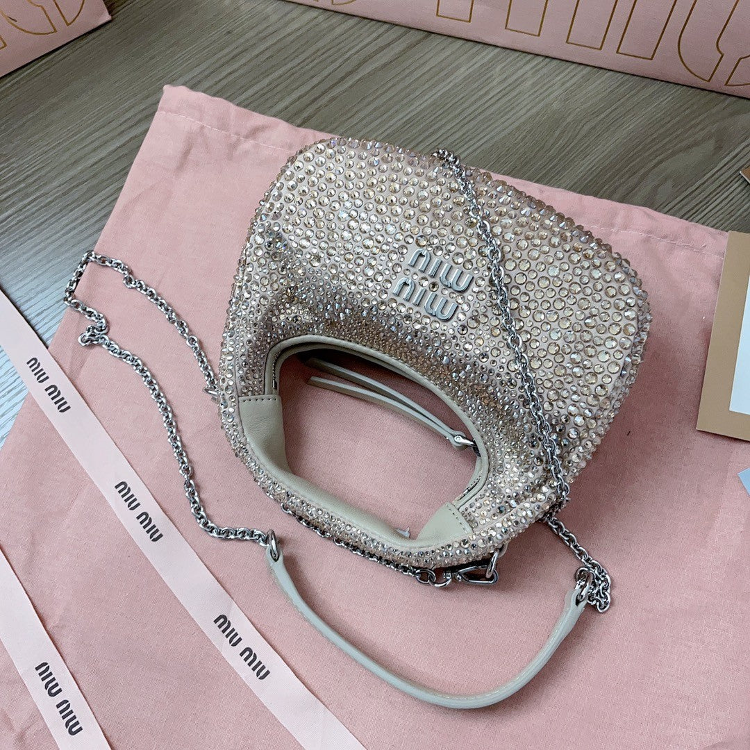MiuMiu Wander Women's Metal Engraved Logo Detachable Chain Shoulder Strap Faux Crystal Embellished Shoulder Slanting Handbag Bag Bags #76744